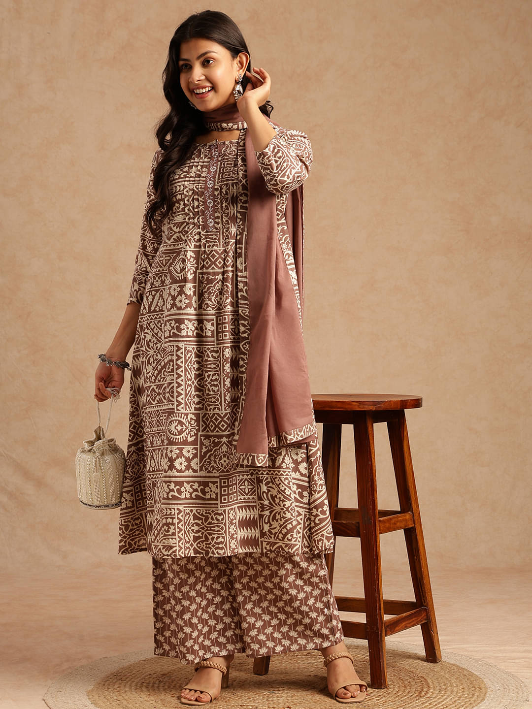     			Vbuyz Women Cotton Printed A-Line Kurti With Palazzo ( Beige )
