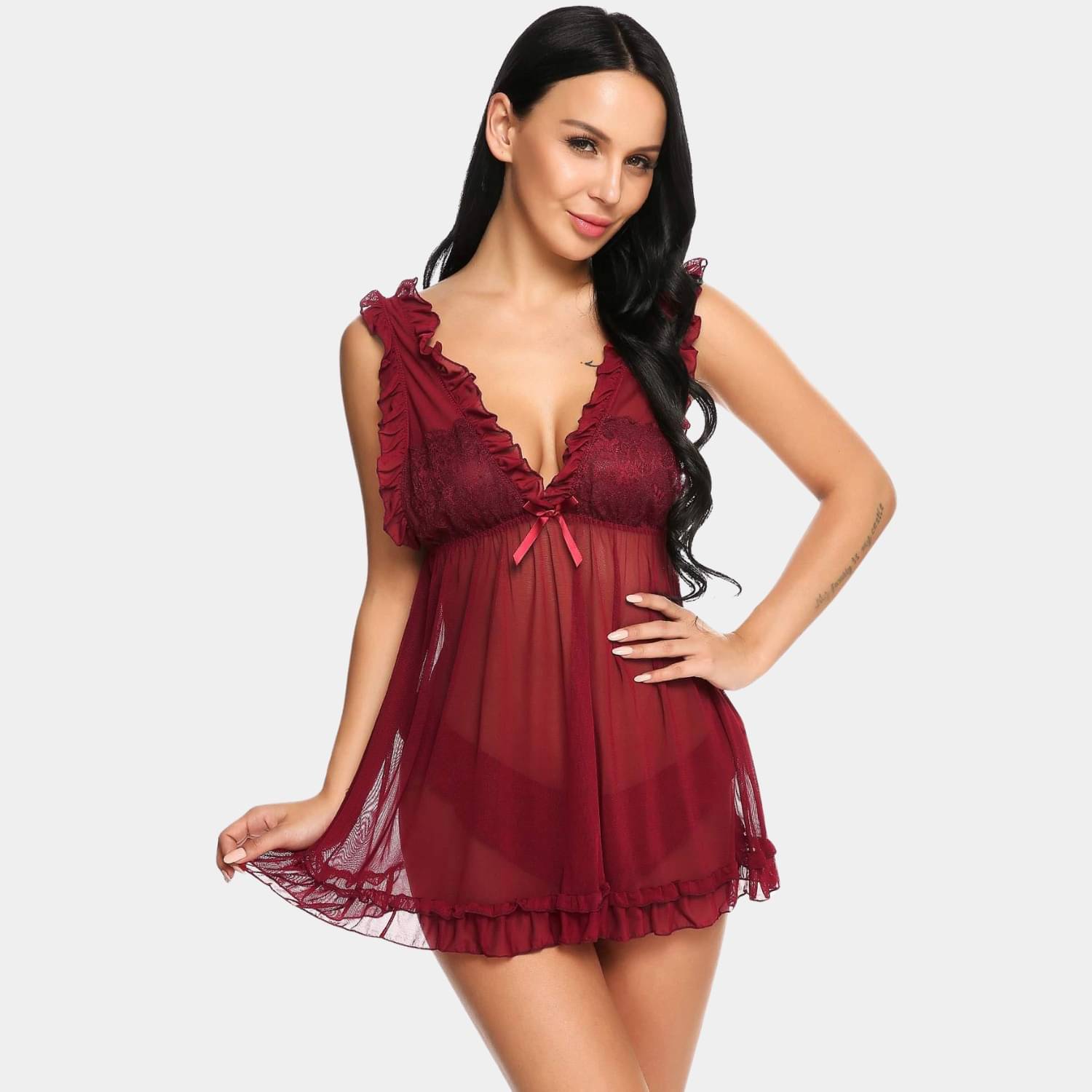     			Zerjama Maroon Net Women Baby Doll Dress With Panty