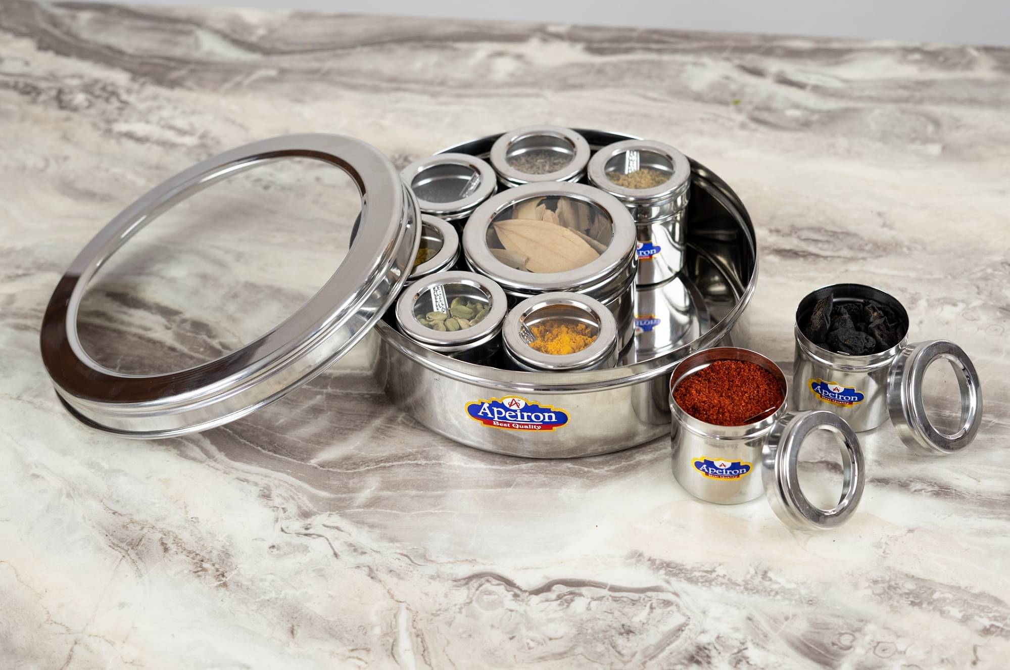     			APEIRON 8+1 Masala Dabba Steel Silver Spice Container ( Set of 1 )