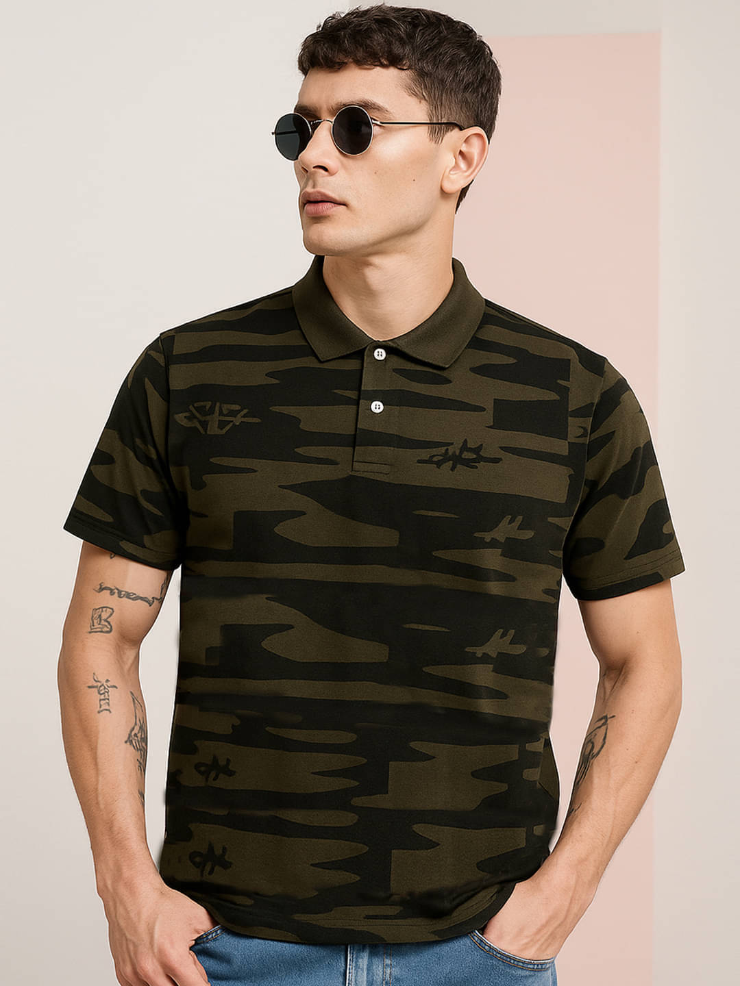     			COCOSOUL Men Polyester Regular Fit Printed Polo T Shirt ( Olive )