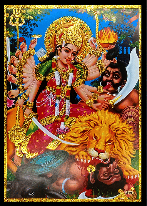     			DURGA MATA 18 HANDS Sparkled Laminated Photo 5 (Width) x 7 (Length) inch on Wooden Base With Back Support Mount