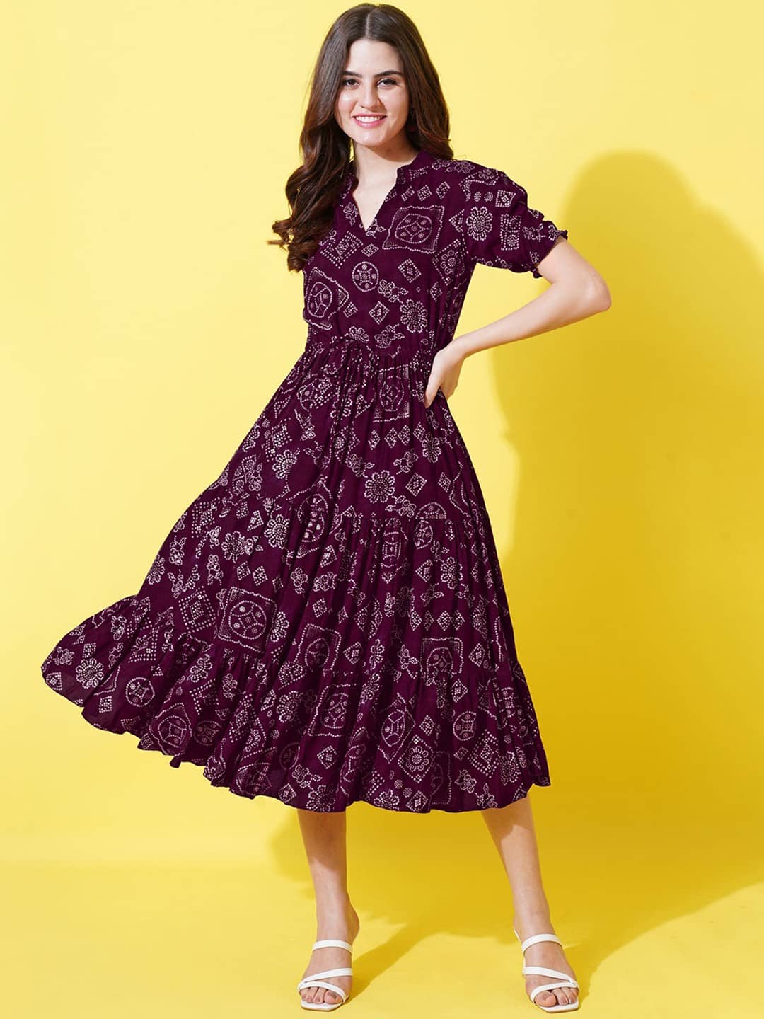 Femvy Women Crepe Printed Fit & Flare Dress ( Wine )