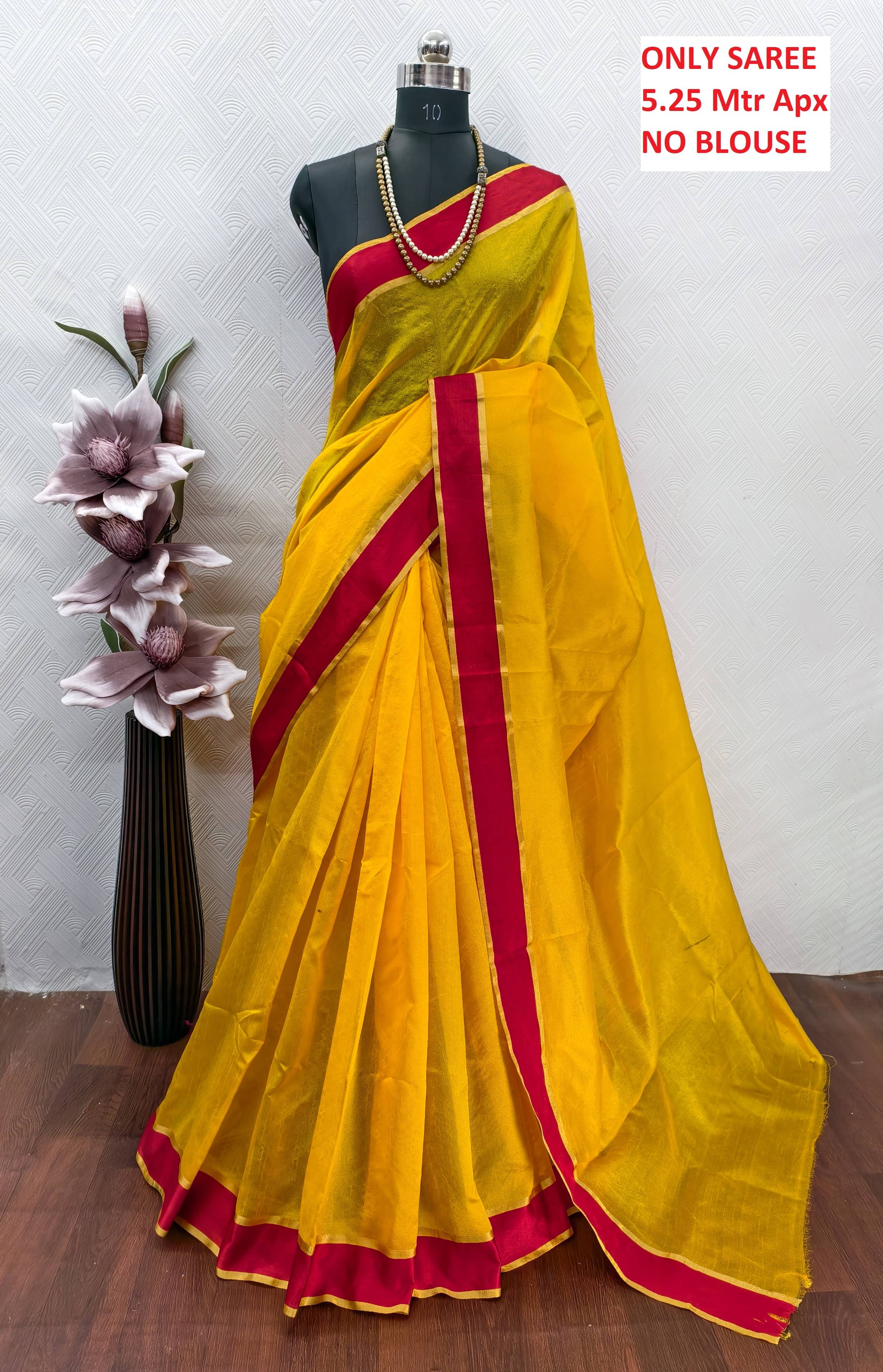     			Kanooda Prints Cotton Blend Solid Regular Saree Without Blouse Piece ( Yellow )