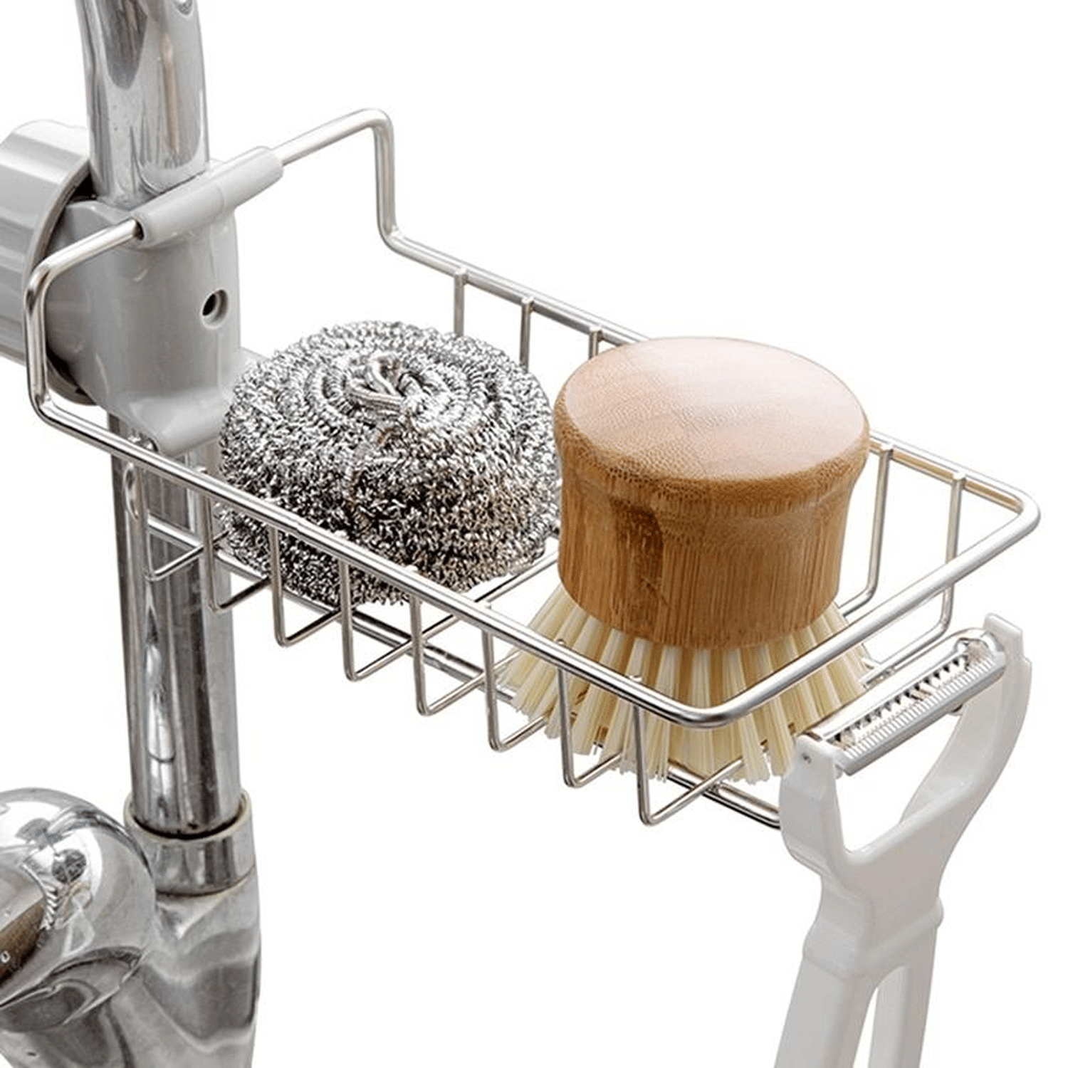     			Kitchen Sink Faucet Sponge Holder Caddy organizer over, stainless steel heavy duty thickening hanging drain rack for scrubbers, sop, bathroom, detachable no suction cup bathroom sop holder