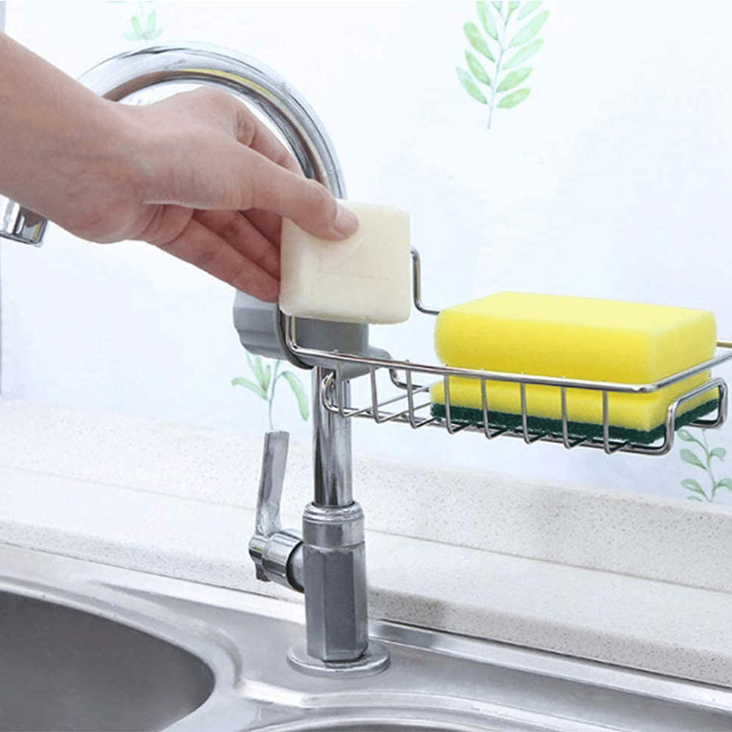     			Kitchen Sink Faucet Sponge Holder Caddy organizer over, stainless steel heavy duty thickening hanging drain rack for scrubbers, sop, bathroom, detachable no suction cup bathroom sop holder
