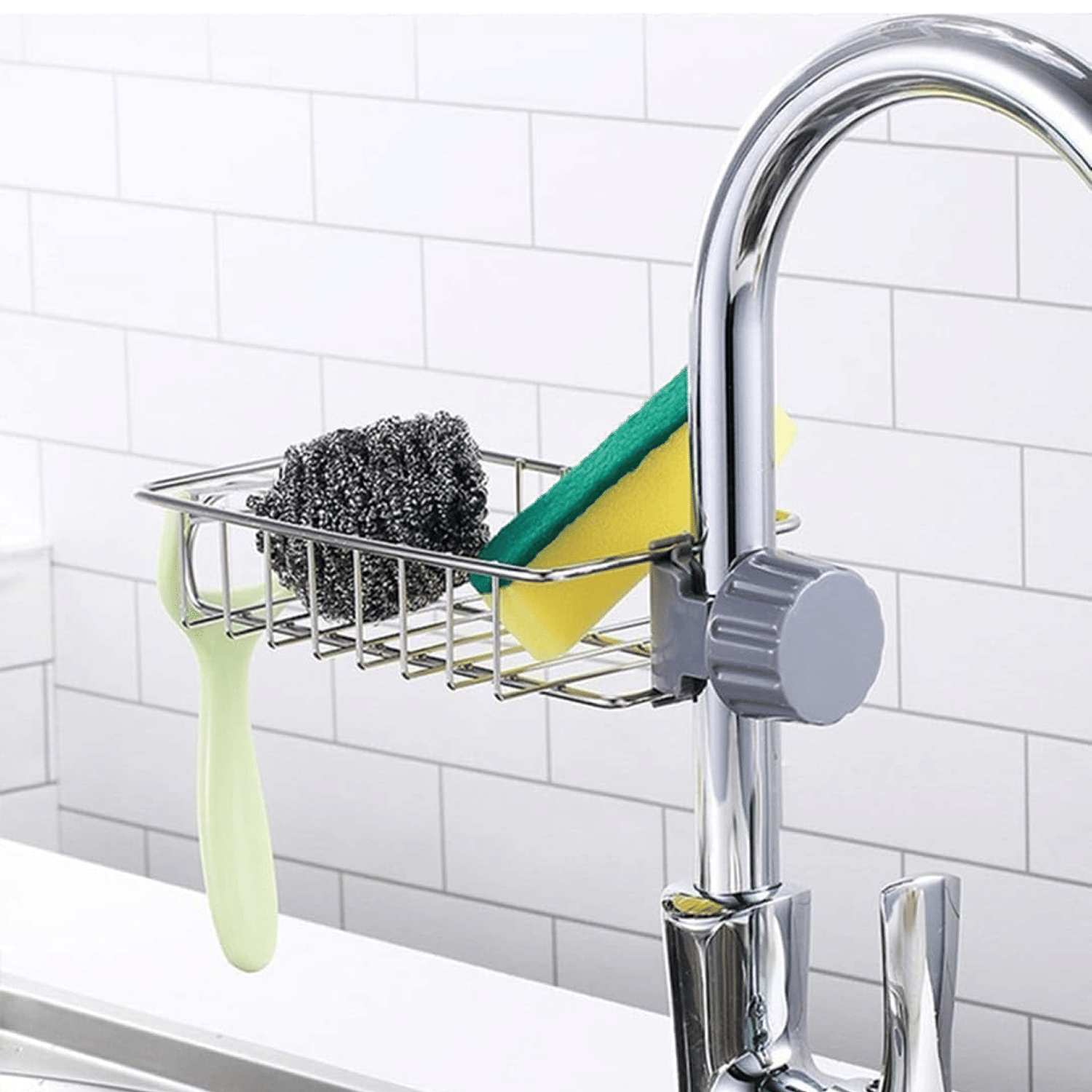    			Kitchen Sink Faucet Sponge Holder Caddy organizer over, stainless steel heavy duty thickening hanging drain rack for scrubbers, sop, bathroom, detachable no suction cup bathroom sop holder