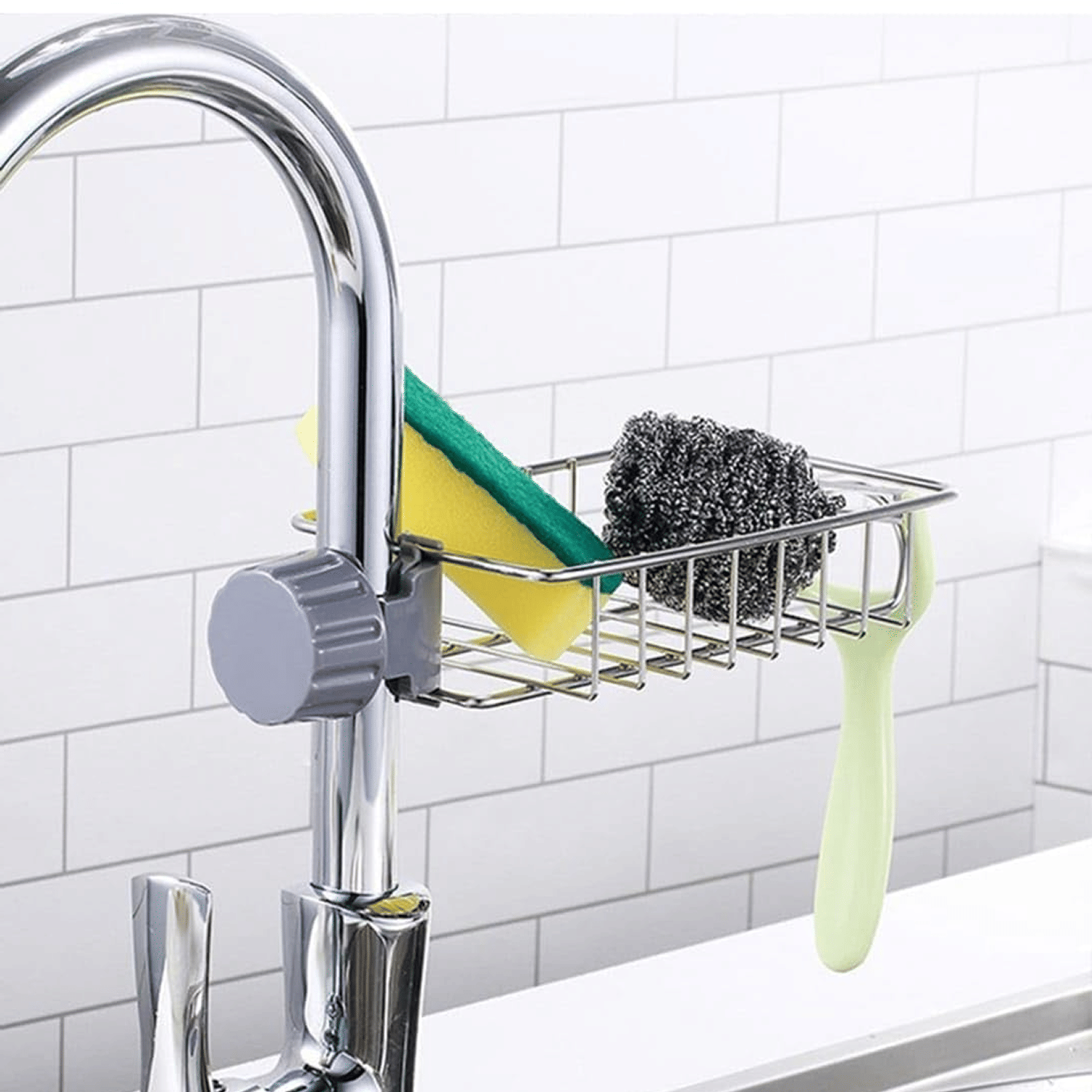     			Kitchen Sink Faucet Sponge Holder Caddy organizer over, stainless steel heavy duty thickening hanging drain rack for scrubbers, sop, bathroom, detachable no suction cup bathroom sop holder