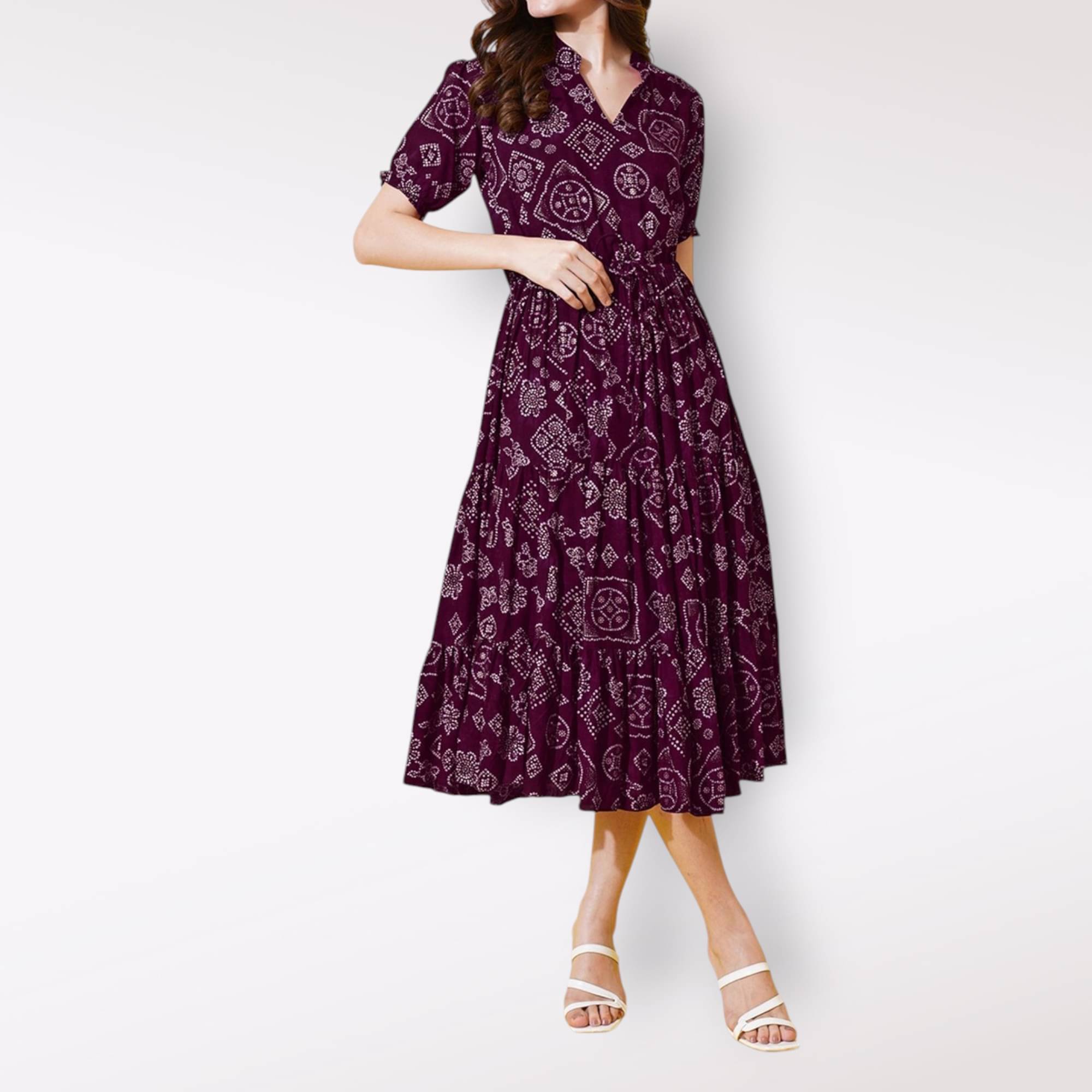Krunal Raiyani Women Crepe Printed Fit & Flare Dress ( Wine ) Krunal Raiyani Women Crepe Printed Fit & Flare Dress ( Wine )