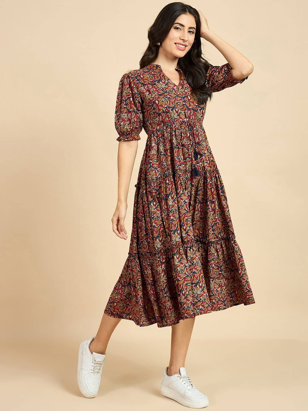 Krunal Raiyani Women Crepe Printed Fit & Flare Dress ( Brown )