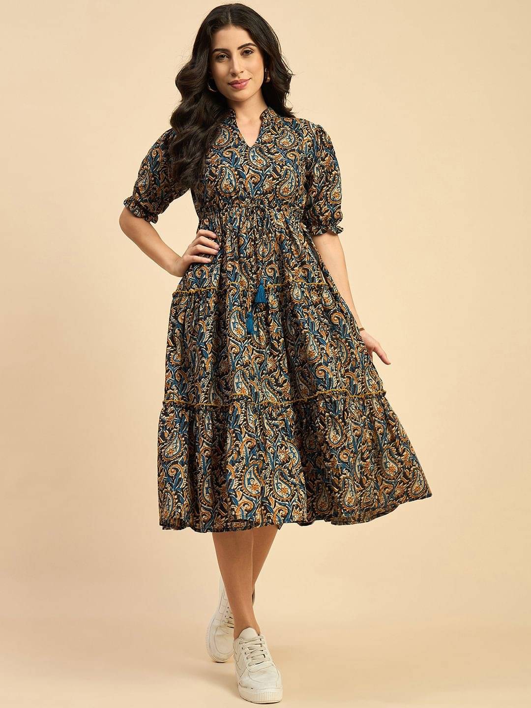     			Krunal Raiyani Women Crepe Printed Fit & Flare Dress ( Yellow )