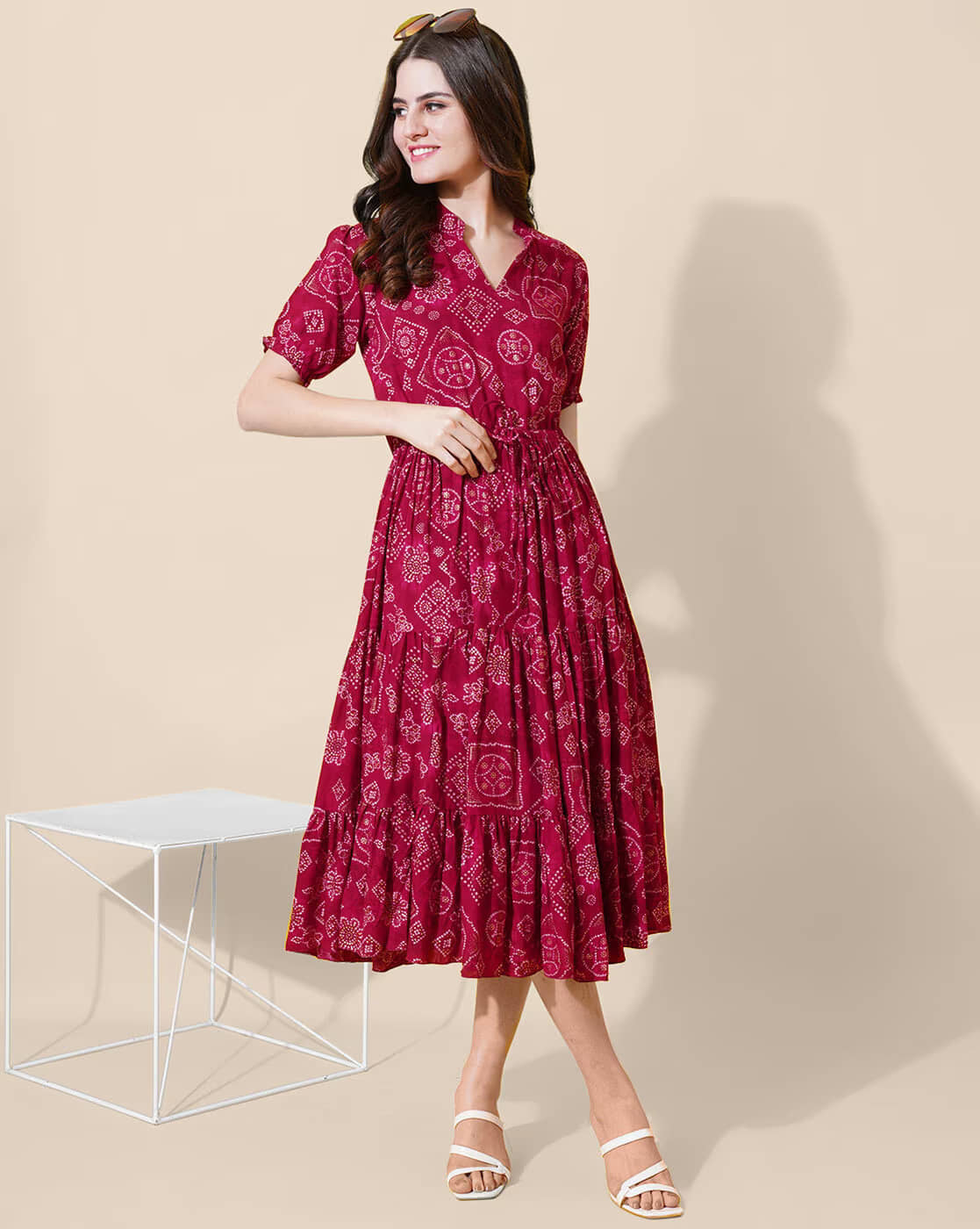 Krunal Raiyani Women Crepe Printed Fit & Flare Dress ( Pink )