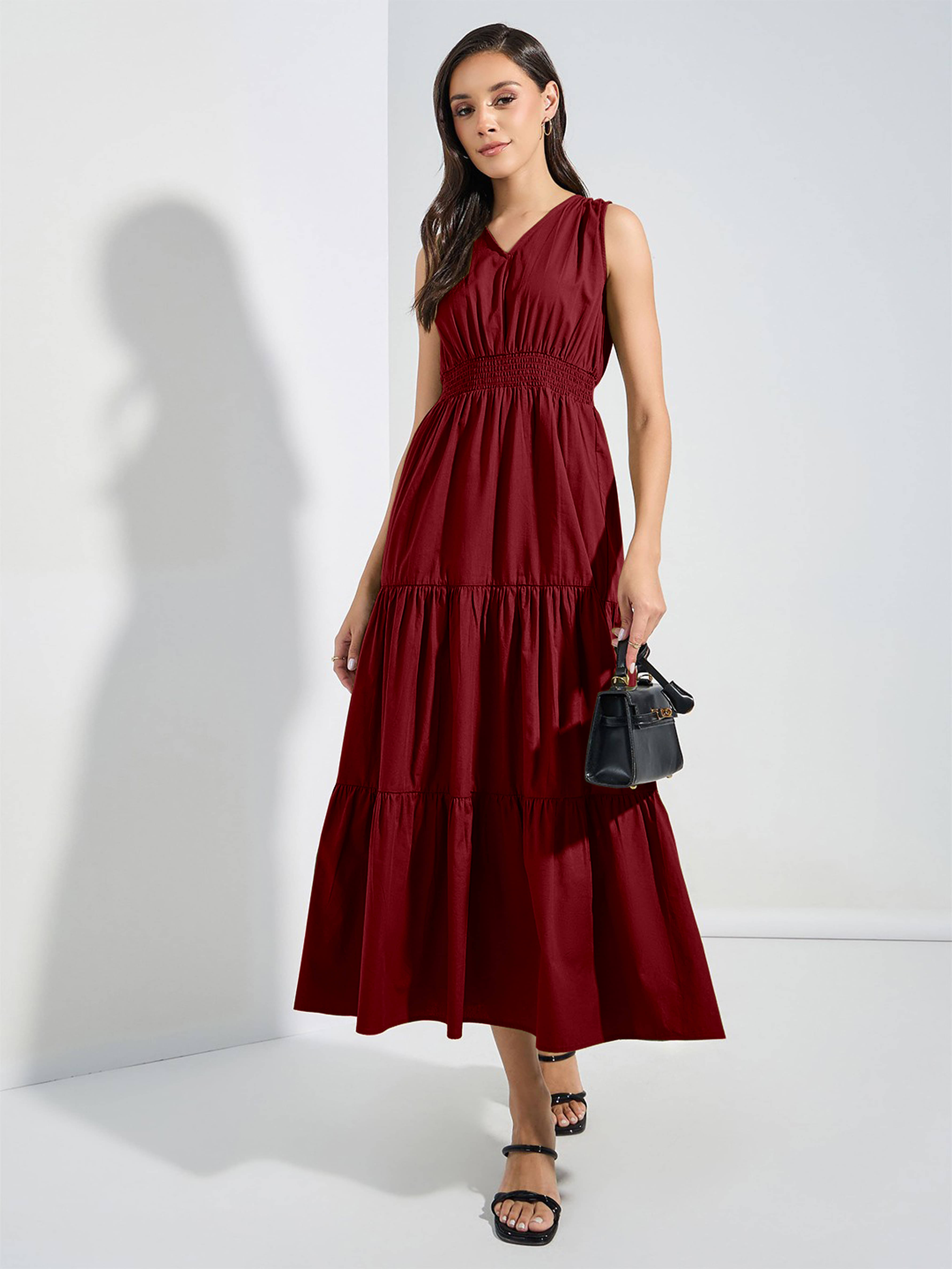 Krunal Raiyani Women Crepe Solid Fit & Flare Dress ( Maroon ) Krunal Raiyani Women Crepe Solid Fit & Flare Dress ( Maroon )