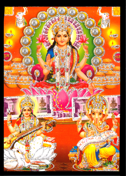 LAKSHMI SARASWATI GANESHA Sparkled Laminated Photo 5 (Width) x 7 (Length) inch on Wooden Base With Back Support Mount LAKSHMI SARASWATI GANESHA Sparkled Laminated Photo 5 (Width) x 7 (Length) inch on Wooden Base With Back Support Mount