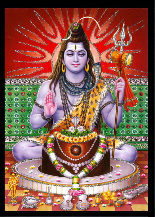     			LORD SHIVA WITH SHIVA LINGAM Sparkled Laminated Photo 5 (Width) x 7 (Length) inch on Wooden Base With Back Support Mount