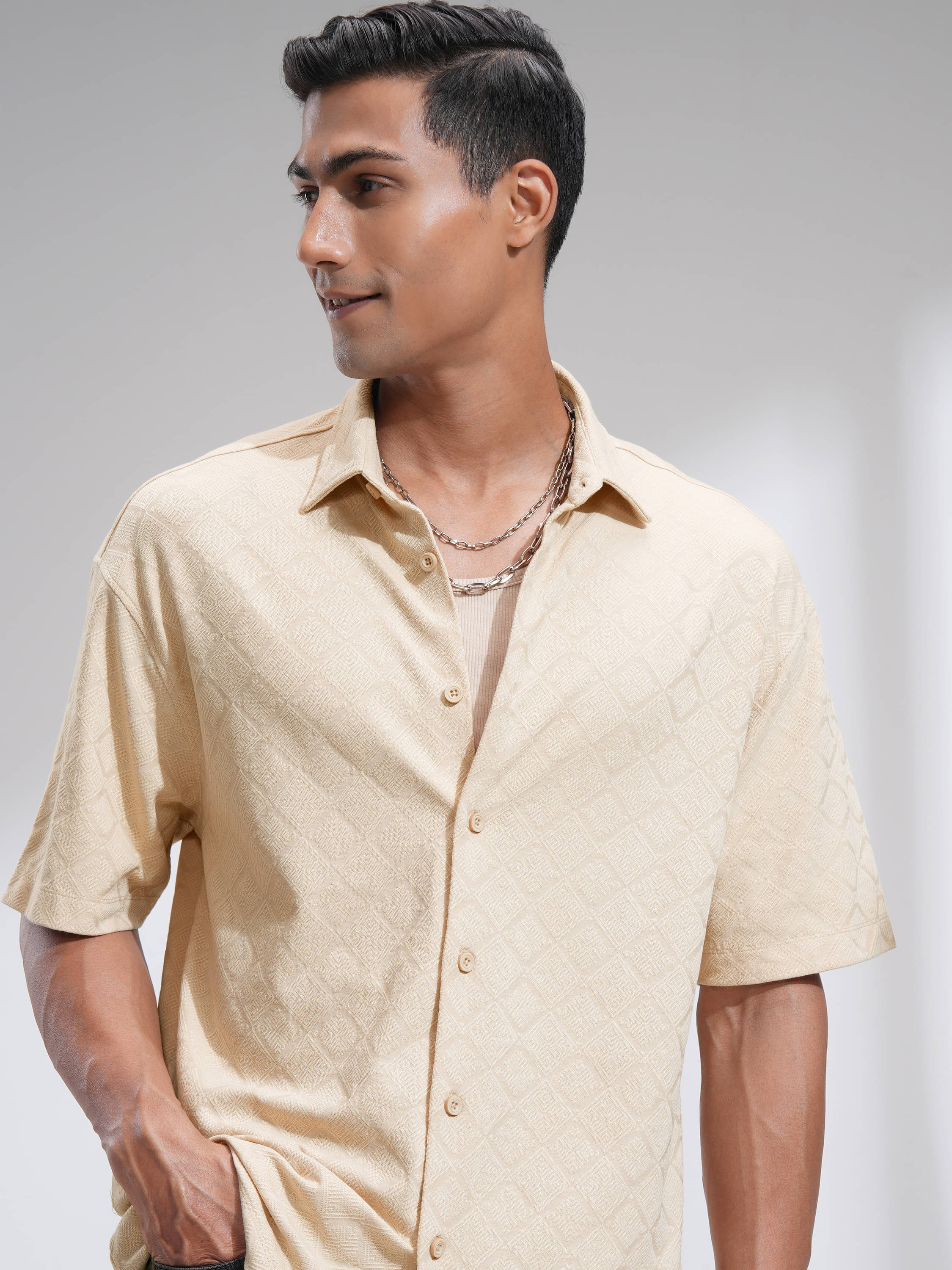     			Locomotive 100% Cotton Oversized Fit Self Design Half Sleeves Men's Casual Shirt - Beige ( Pack of 1 )