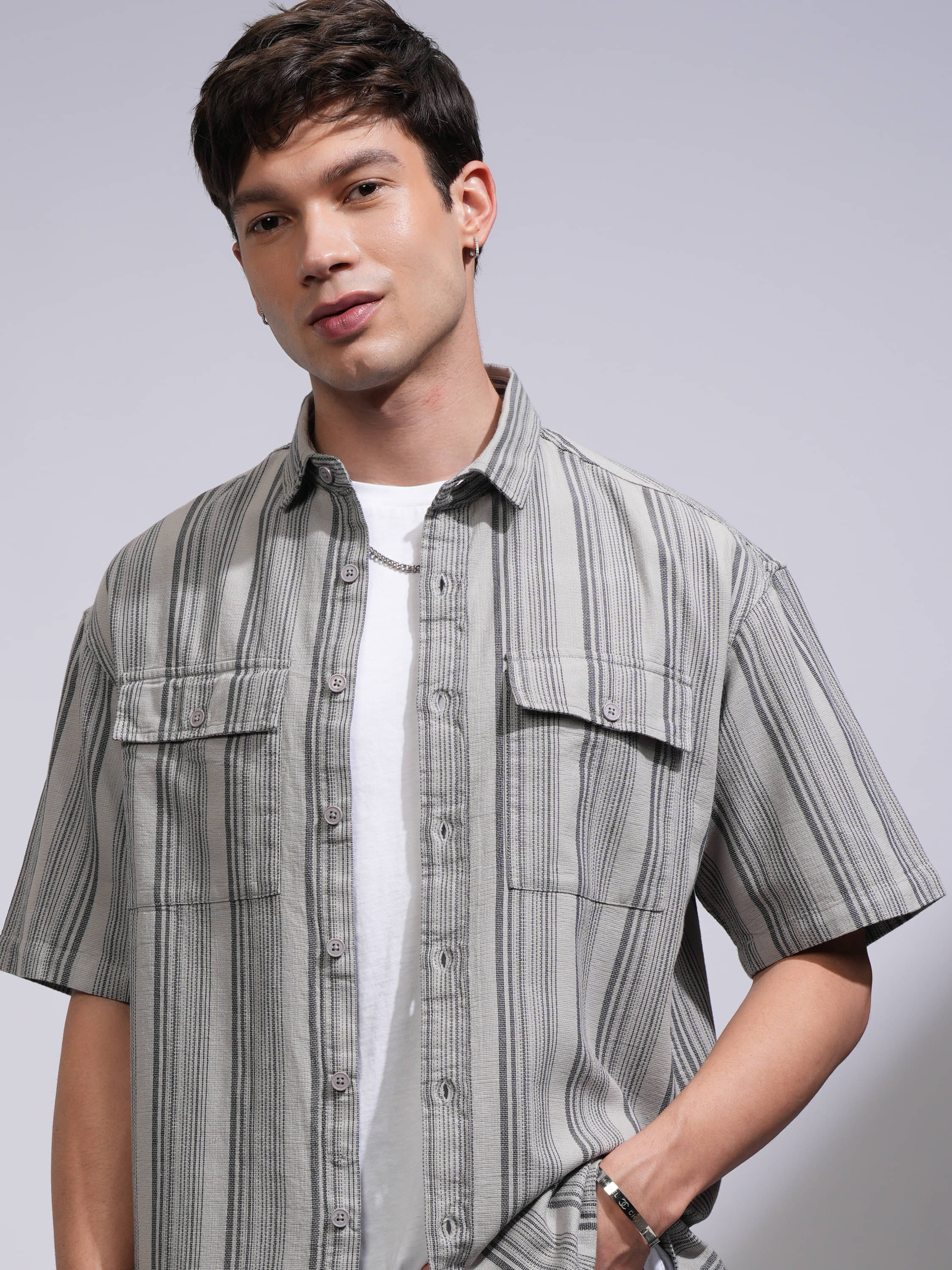     			Locomotive 100% Cotton Oversized Fit Striped Half Sleeves Men's Casual Shirt - Grey ( Pack of 1 )
