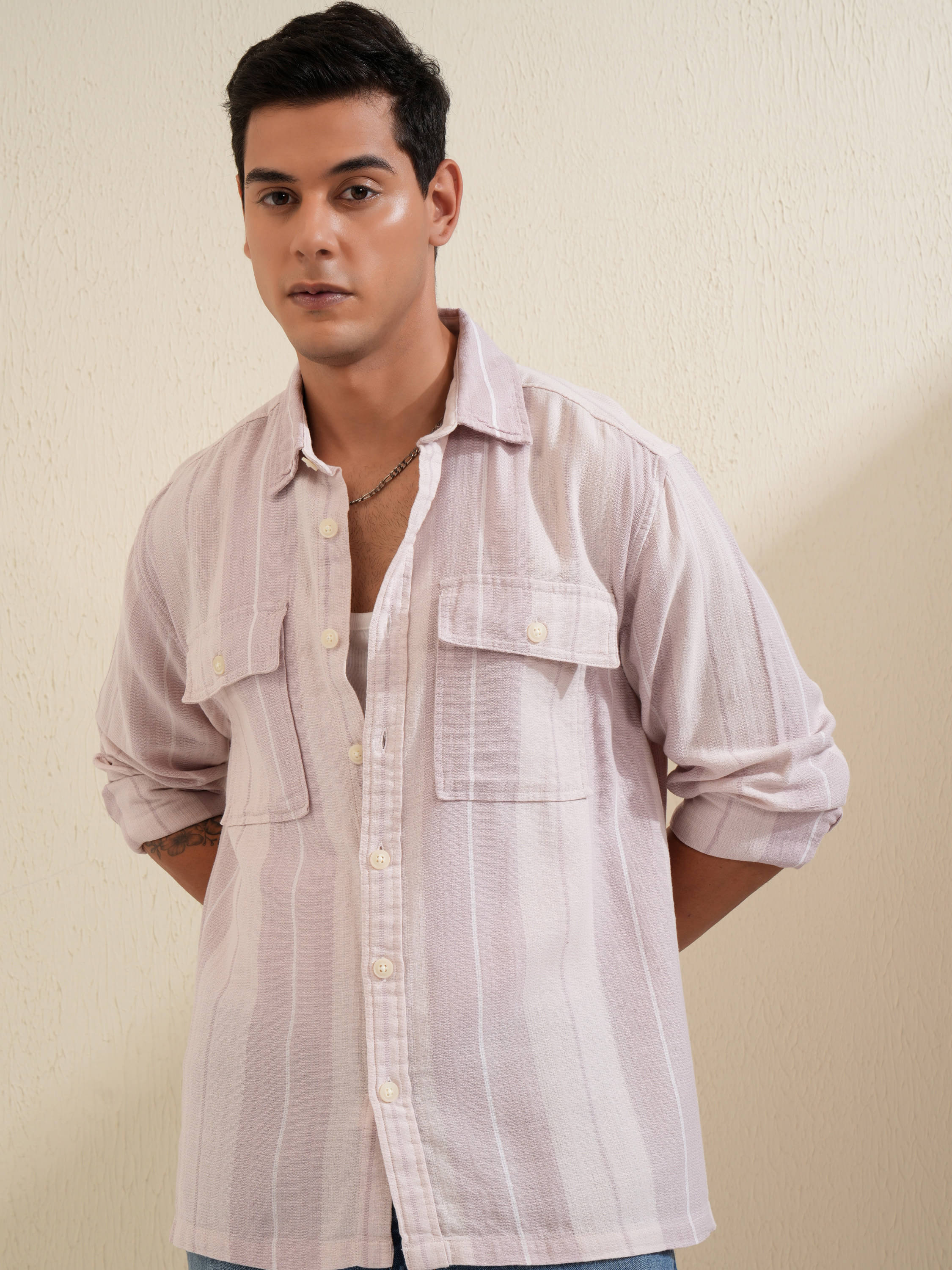     			Locomotive 100% Cotton Oversized Fit Striped Full Sleeves Men's Casual Shirt - Pink ( Pack of 1 )