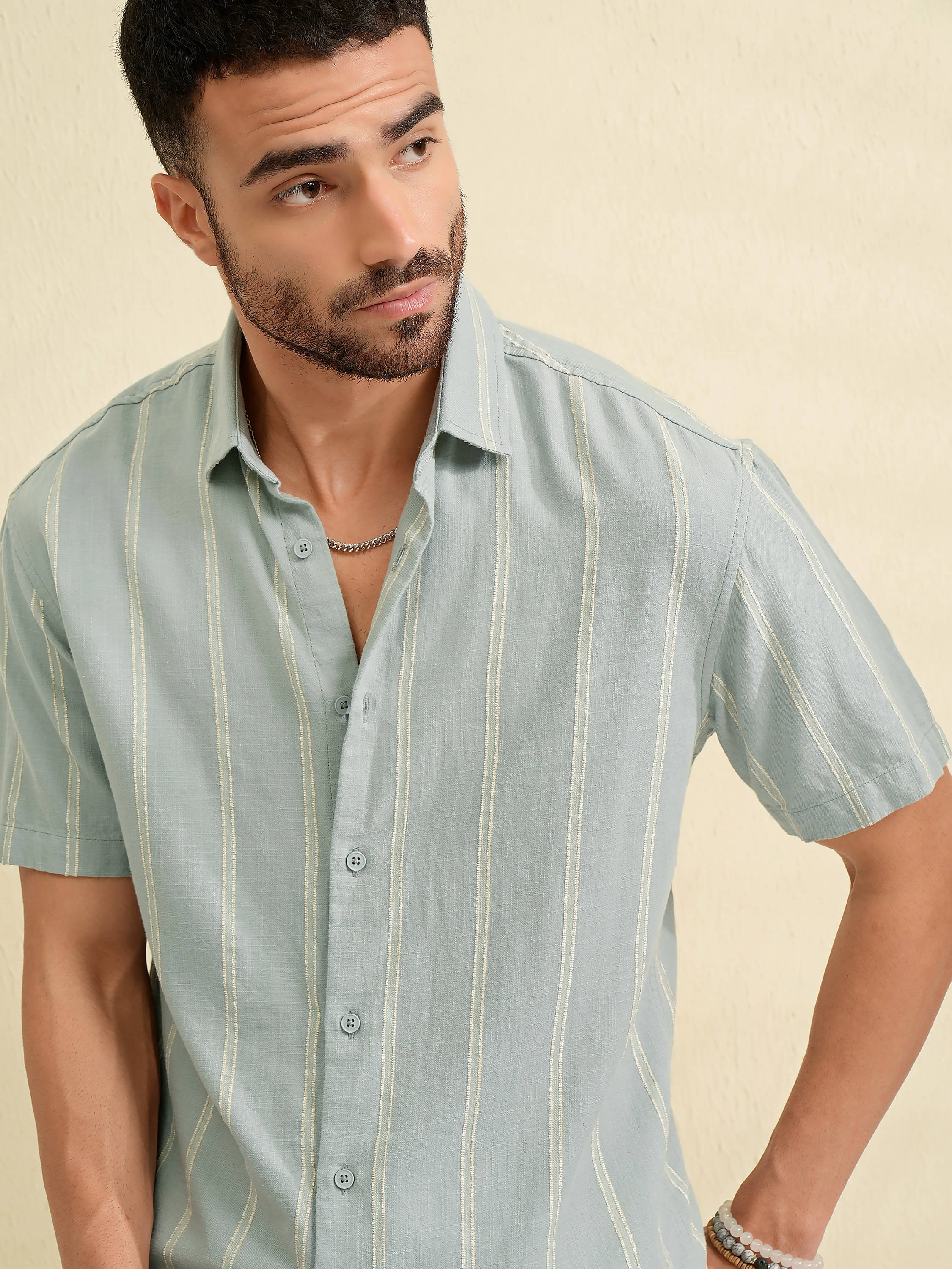 Locomotive 100% Cotton Relaxed Fit Striped Half Sleeves Men's Casual Shirt - Green ( Pack of 1 )     			Locomotive 100% Cotton Relaxed Fit Striped Half Sleeves Men's Casual Shirt - Green ( Pack of 1 )
