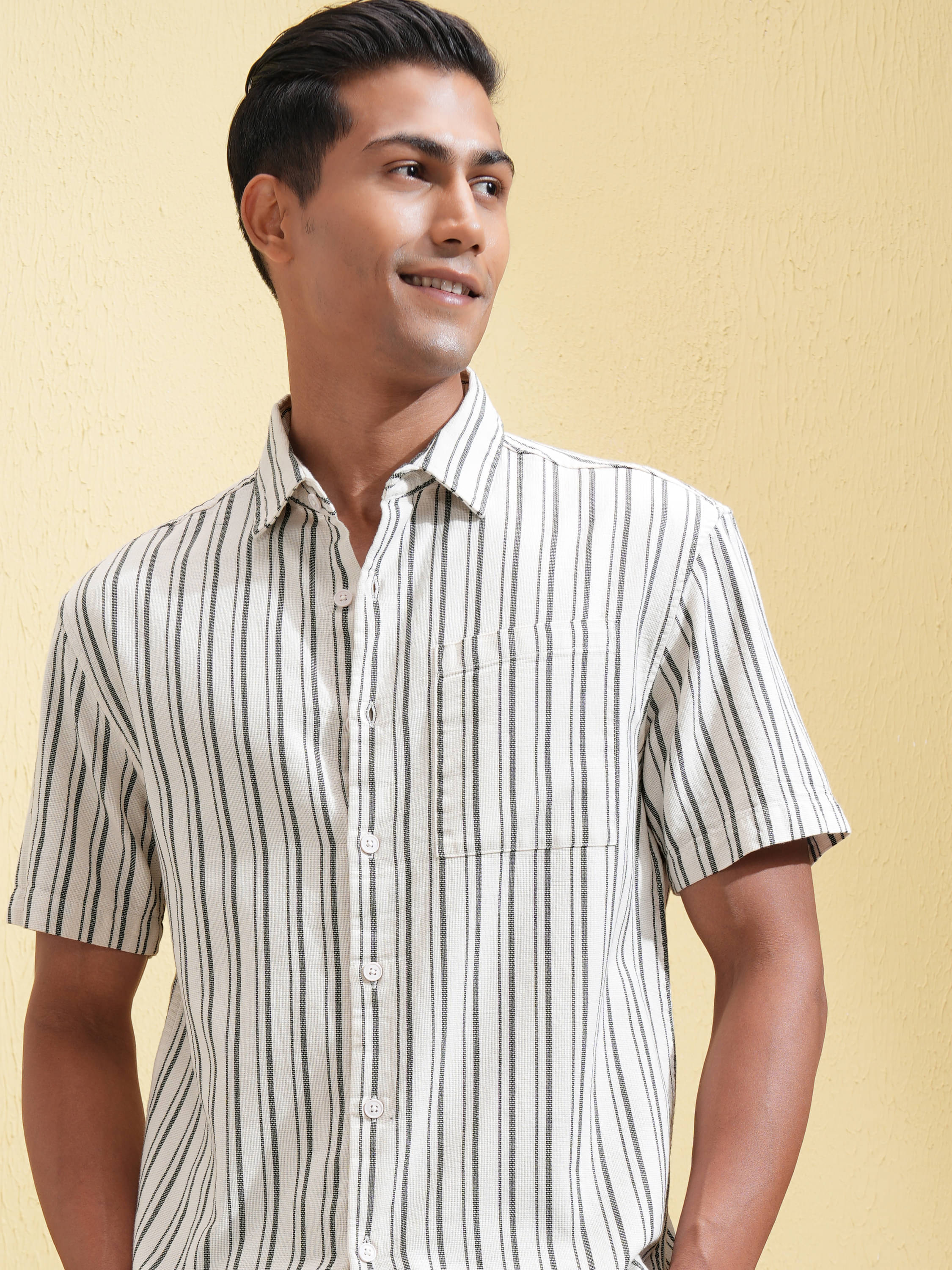 Locomotive 100% Cotton Relaxed Fit Striped Half Sleeves Men's Casual Shirt - Beige ( Pack of 1 ) Locomotive 100% Cotton Relaxed Fit Striped Half Sleeves Men's Casual Shirt - Beige ( Pack of 1 )