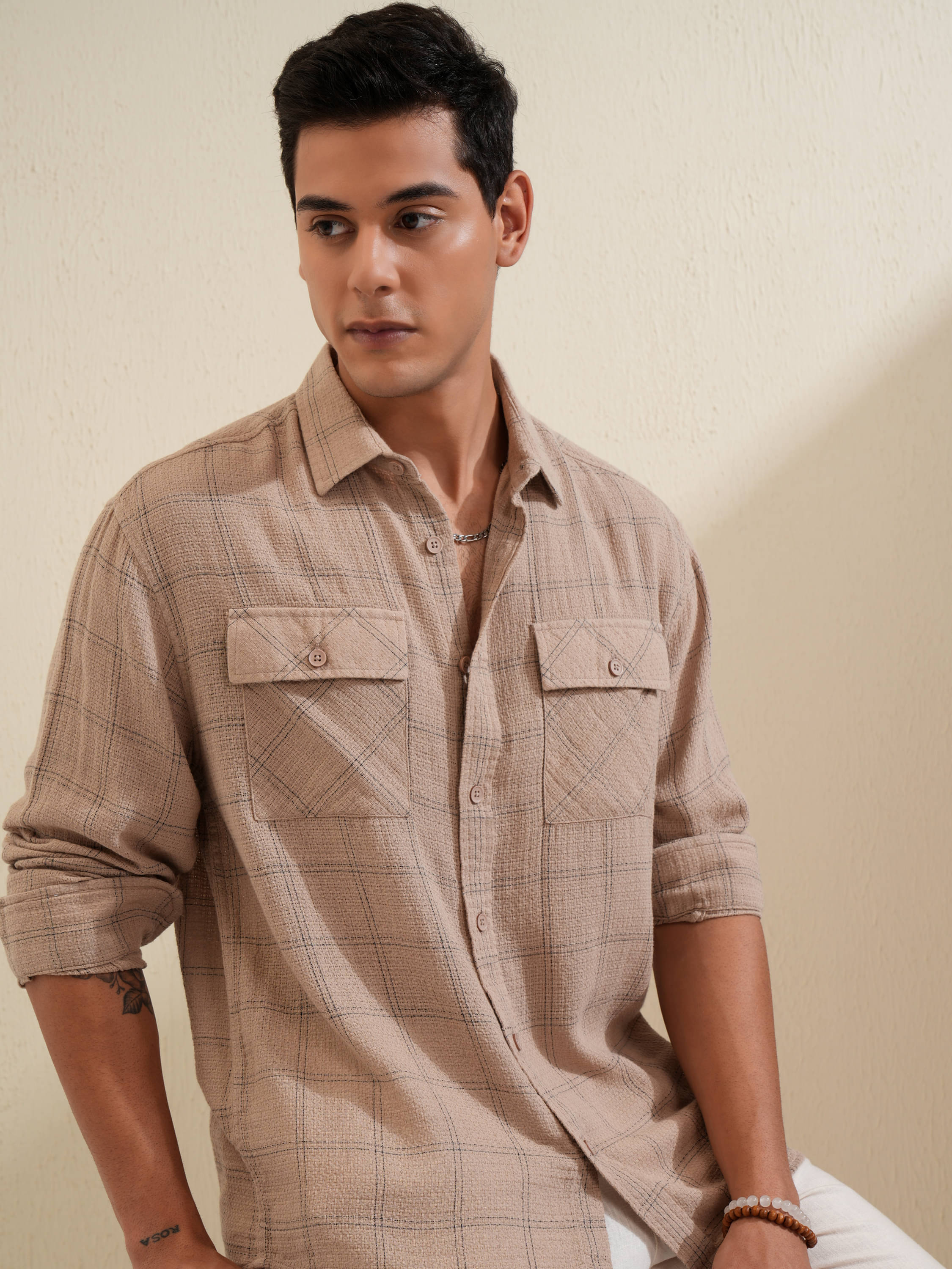     			Locomotive 100% Cotton Relaxed Fit Checks Full Sleeves Men's Casual Shirt - Khaki ( Pack of 1 )