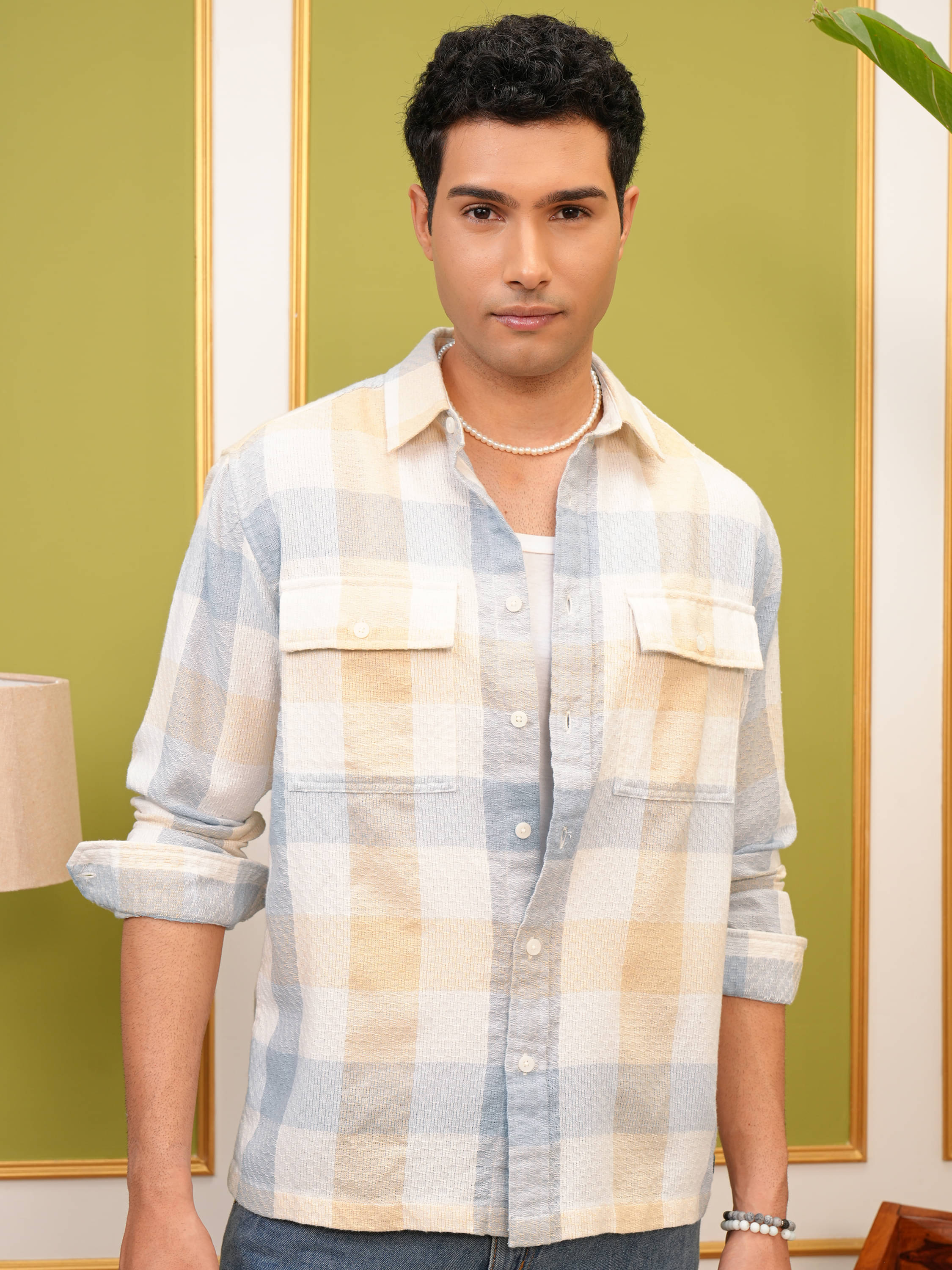     			Locomotive Cotton Blend Oversized Fit Checks Full Sleeves Men's Casual Shirt - Yellow ( Pack of 1 )