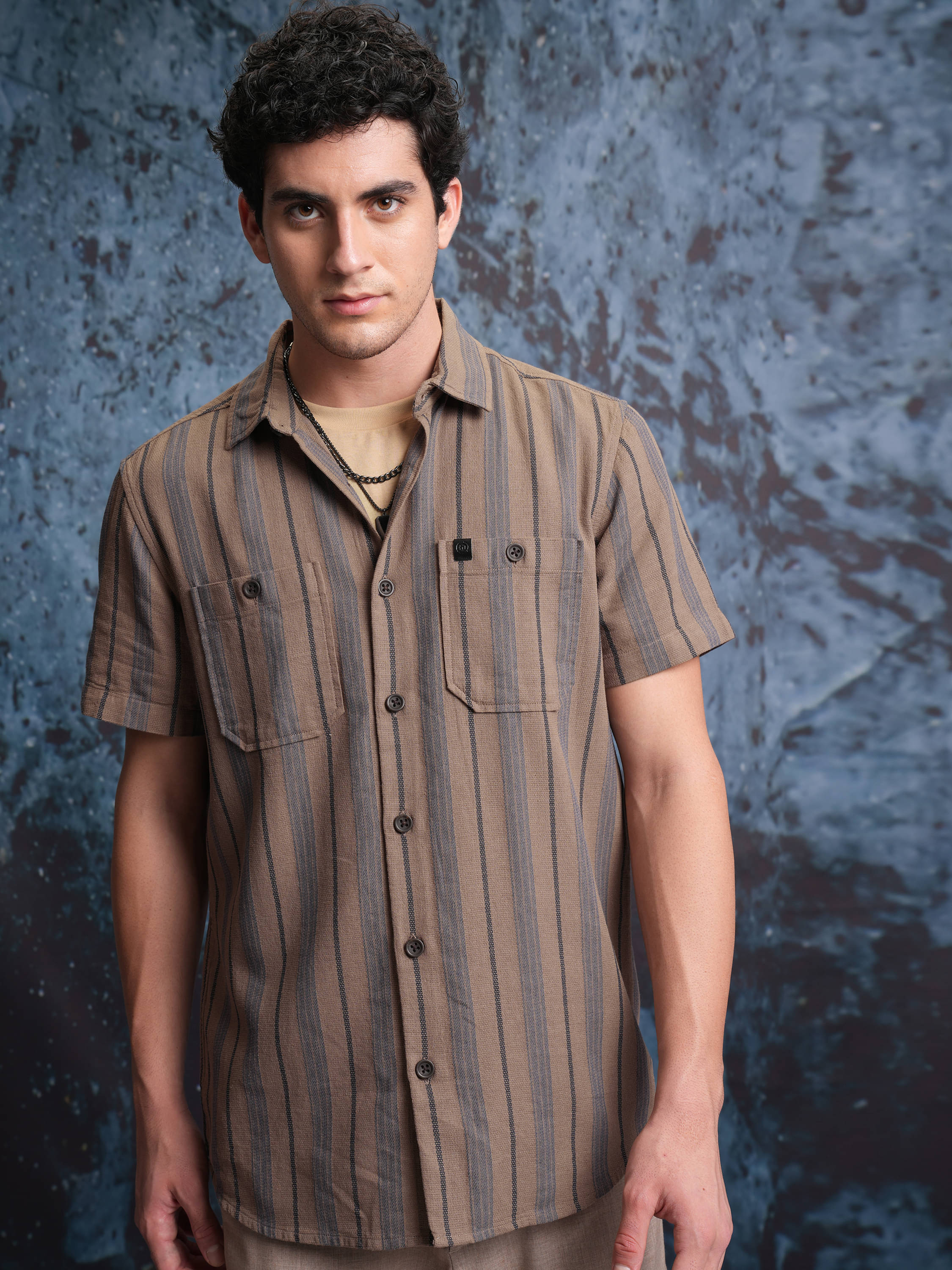     			Locomotive Cotton Blend Relaxed Fit Striped Full Sleeves Men's Casual Shirt - Brown ( Pack of 1 )