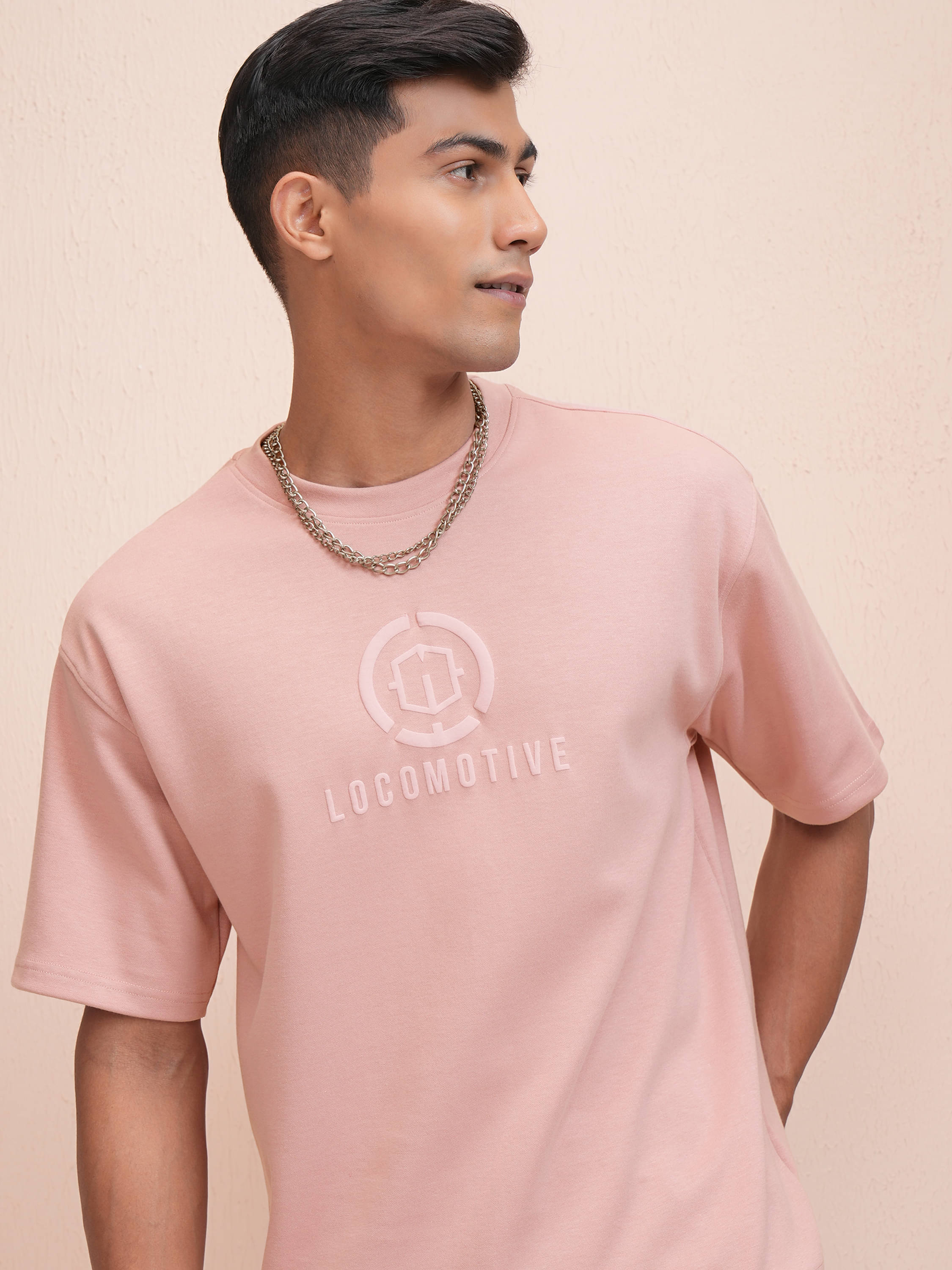 Locomotive Men Cotton Blend Oversized Fit Self Design T-Shirt ( Pink ) Locomotive Men Cotton Blend Oversized Fit Self Design T-Shirt ( Pink )