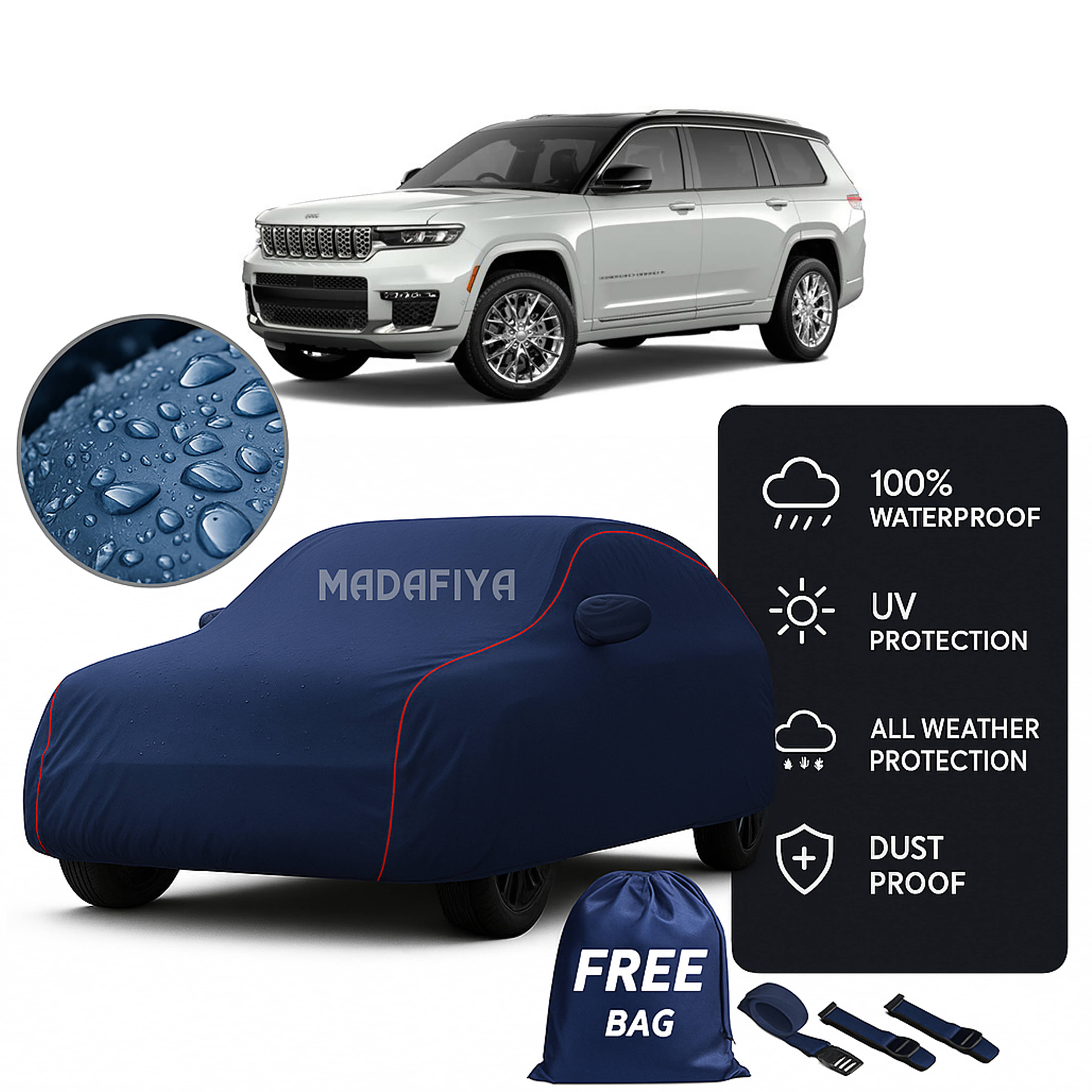     			Madafiya Car Cover Compatible With Jeep Grand Cherokee Waterproof & Uv-Resistant All-Season Protection (Blue, Pack of 1)