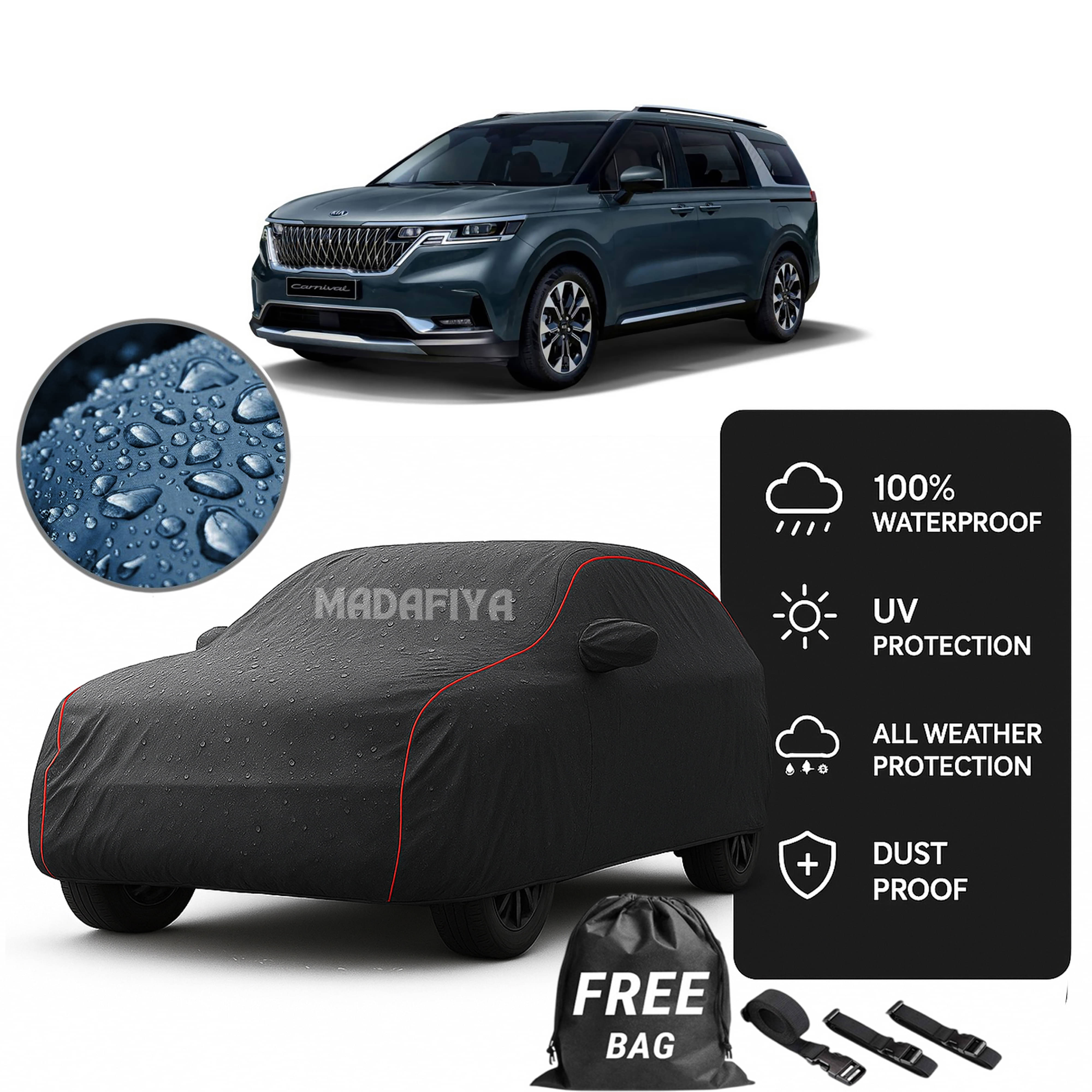     			Madafiya Car Cover Compatible With Kia Carnival Waterproof & Uv-Resistant All-Season Protection (Grey, Pack of 1)