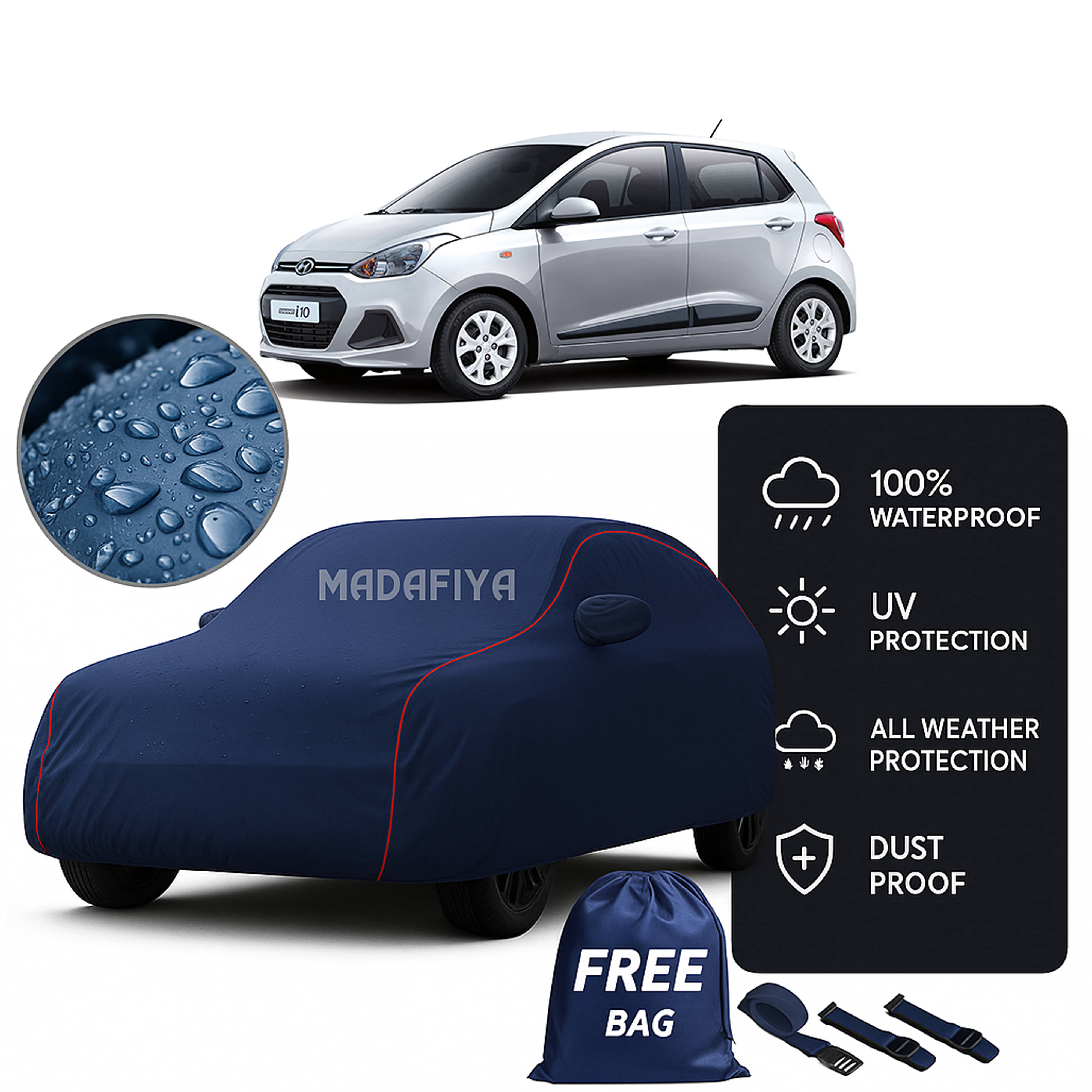     			Madafiya Car Cover Compatible With Hyundai I10 Nline Waterproof & Uv-Resistant All-Season Protection (Blue, Pack of 1)