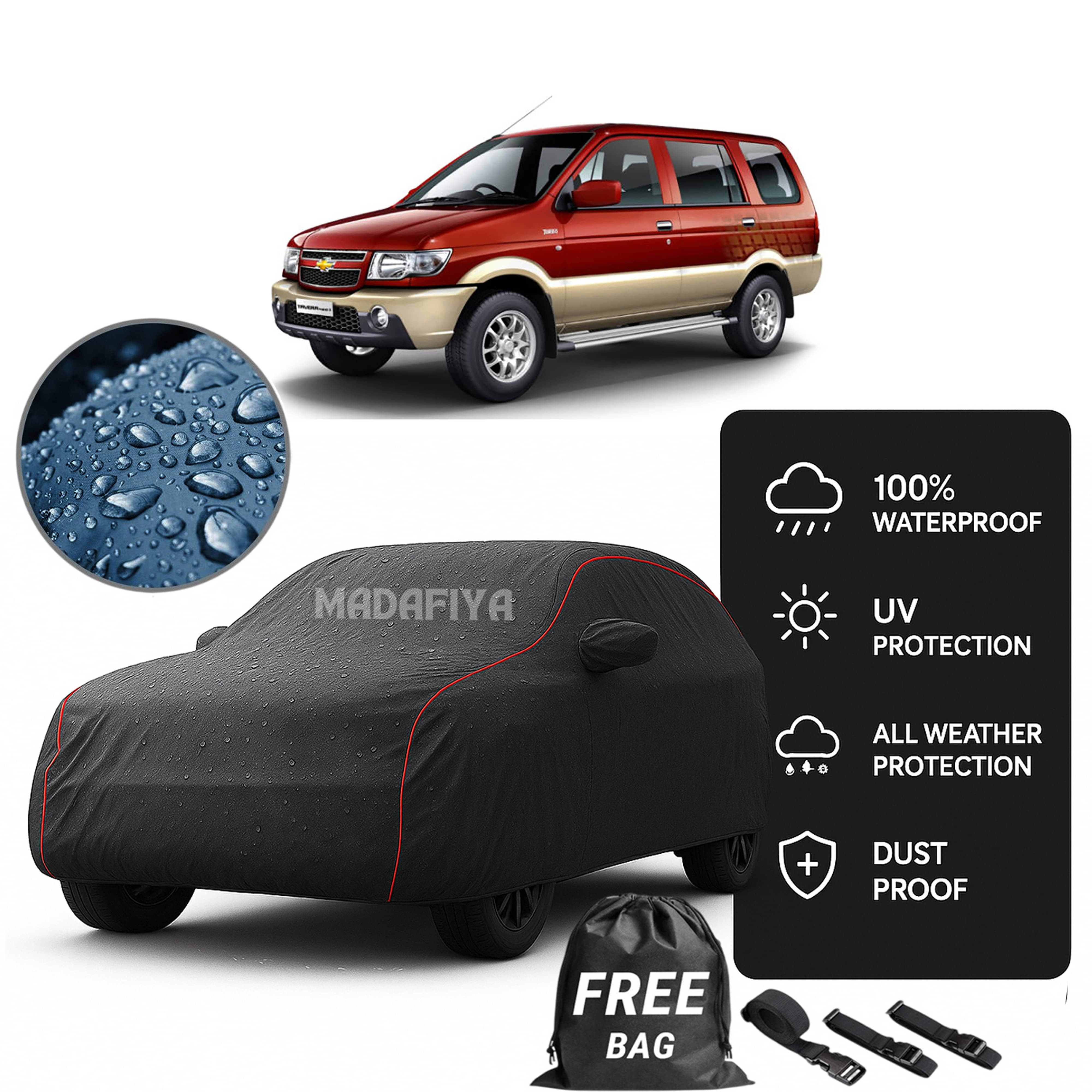     			Madafiya Car Cover Compatible With Chevrolet Tavera Waterproof & Uv-Resistant All-Season Protection (Grey, Pack of 1)