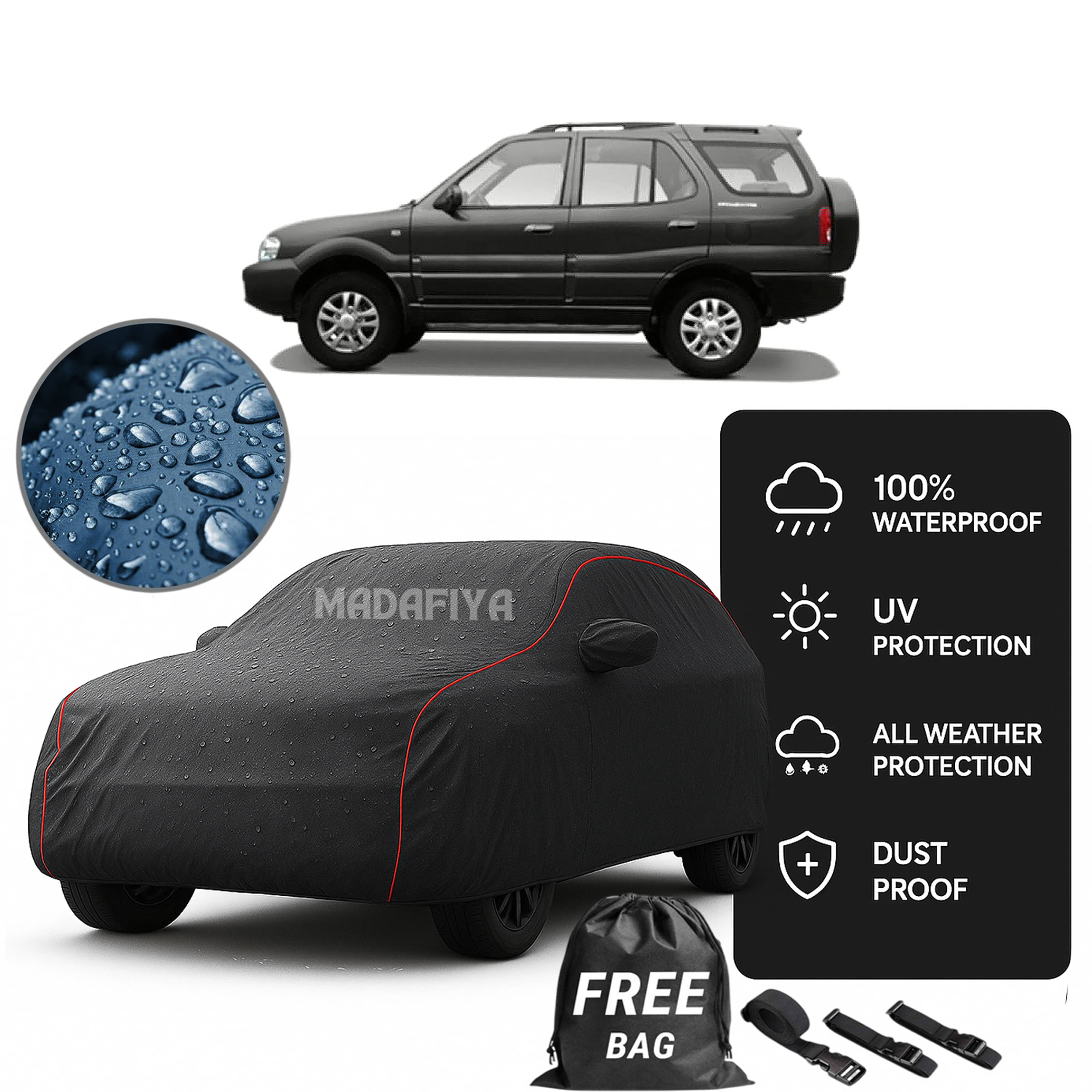     			Madafiya Car Cover Compatible With Tata Safari Storme Waterproof & Uv-Resistant All-Season Protection (Grey, Pack of 1)