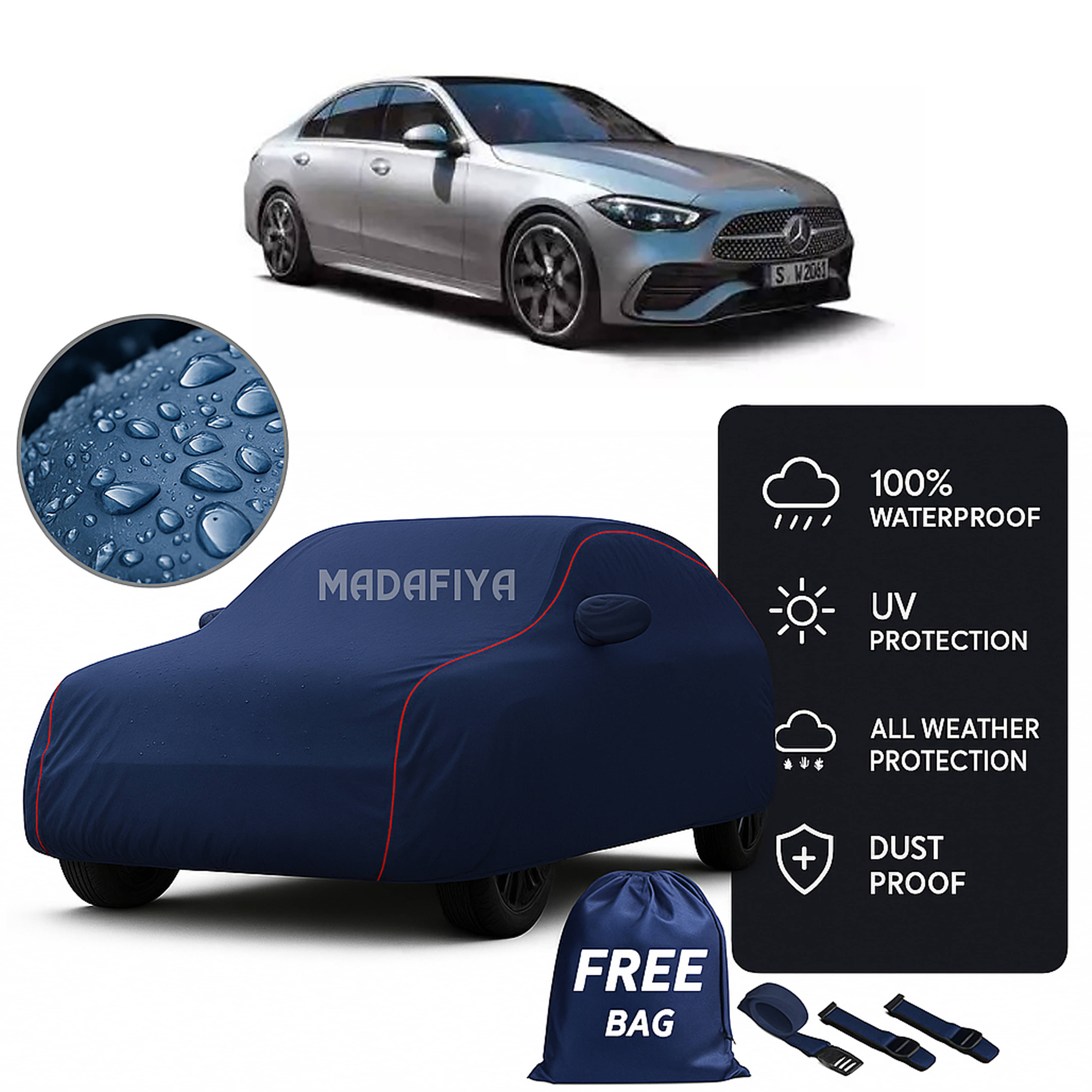     			MADAFIYA Car Body Cover for Mercedes-Benz All Car Models With Mirror Pocket ( Pack of 1 ) , Blue