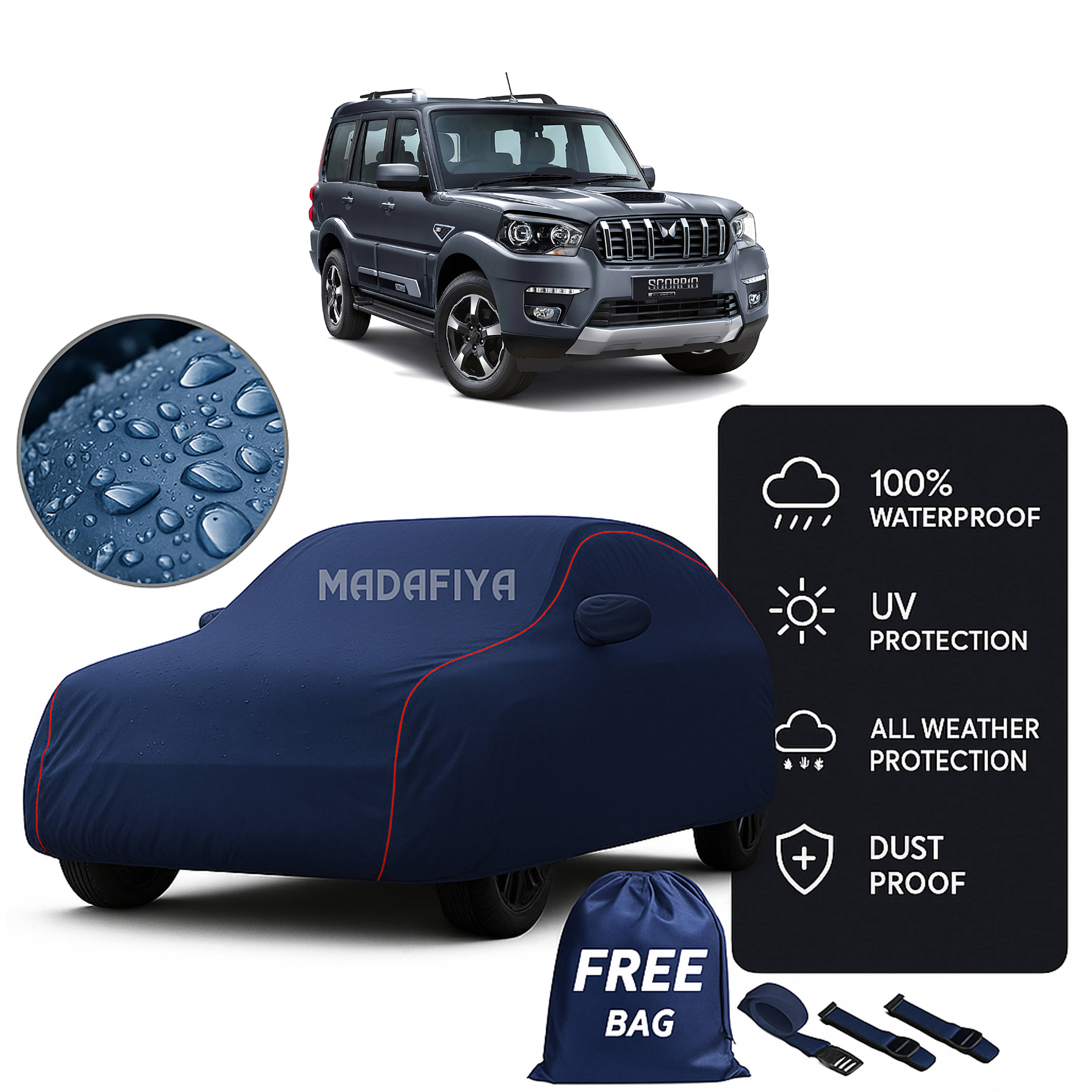     			MADAFIYA Car Body Cover for Mahindra All Car Models With Mirror Pocket ( Pack of 1 ) , Blue