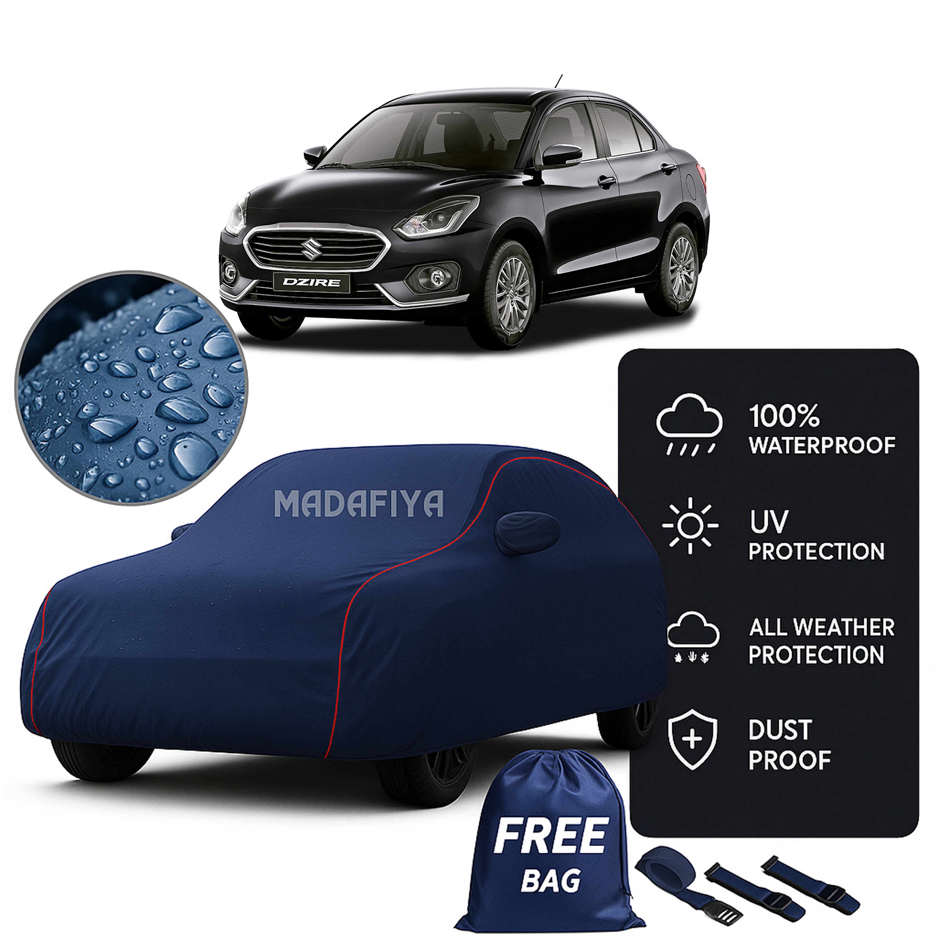     			Madafiya Car Cover Compatible With Maruti Suzuki Dzire (2) Waterproof & Uv-Resistant All-Season Protection (Blue, Pack of 1)