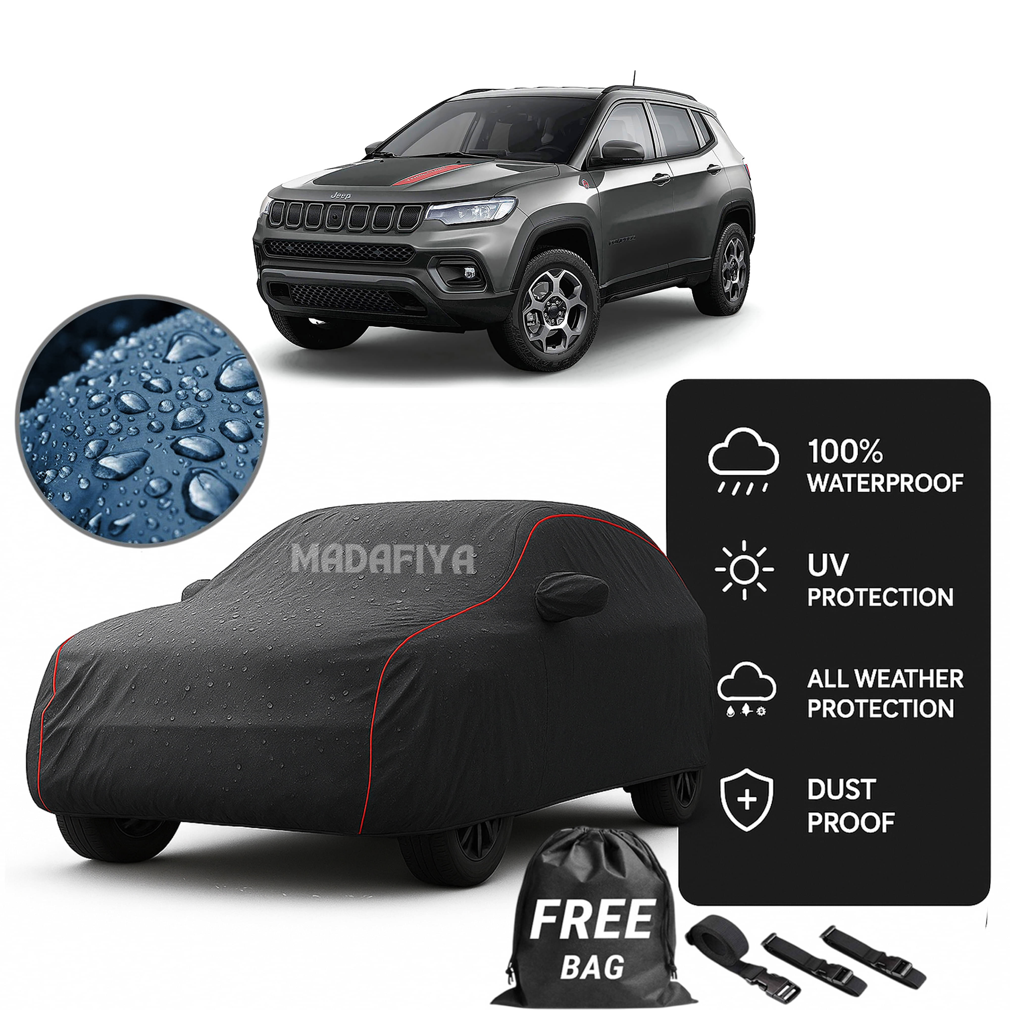     			Madafiya Car Cover Compatible With Jeep Compass Trailhawk Waterproof & Uv-Resistant All-Season Protection (Grey, Pack of 1)