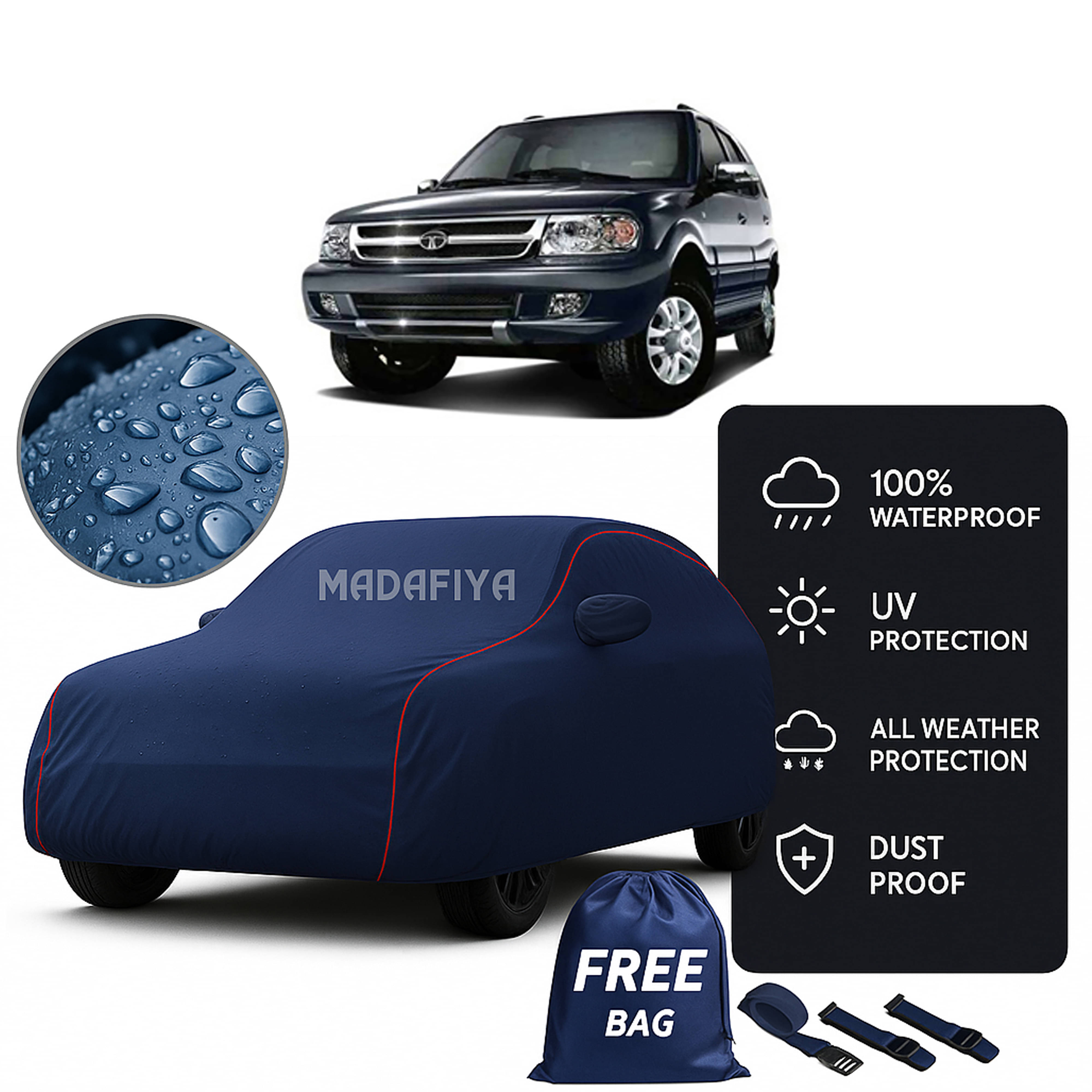     			Madafiya Car Cover Compatible With Tata Safari Dicor Waterproof & Uv-Resistant All-Season Protection (Blue, Pack of 1)
