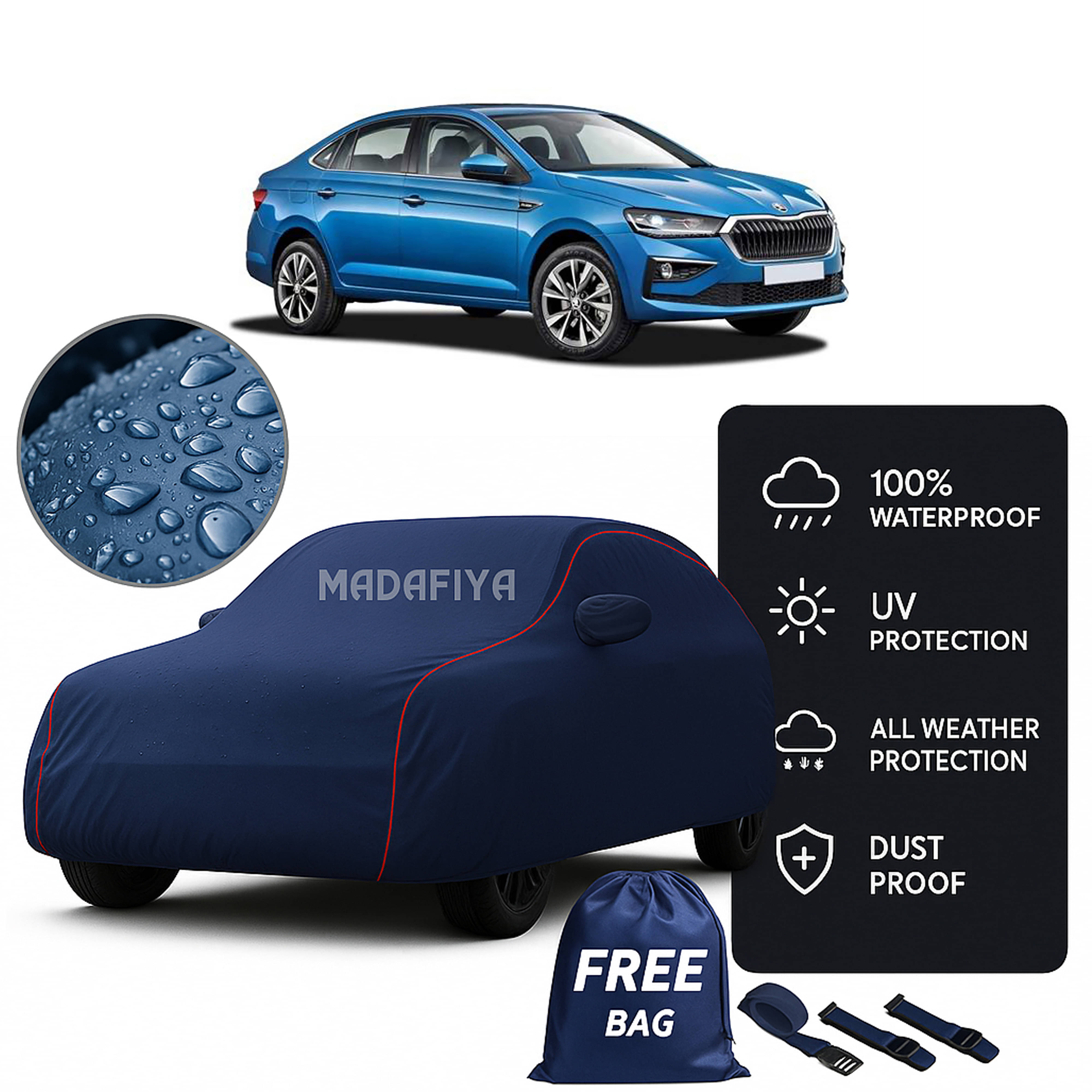     			Madafiya Car Cover Compatible With Skoda Slavia Waterproof & Uv-Resistant All-Season Protection (Blue, Pack of 1)