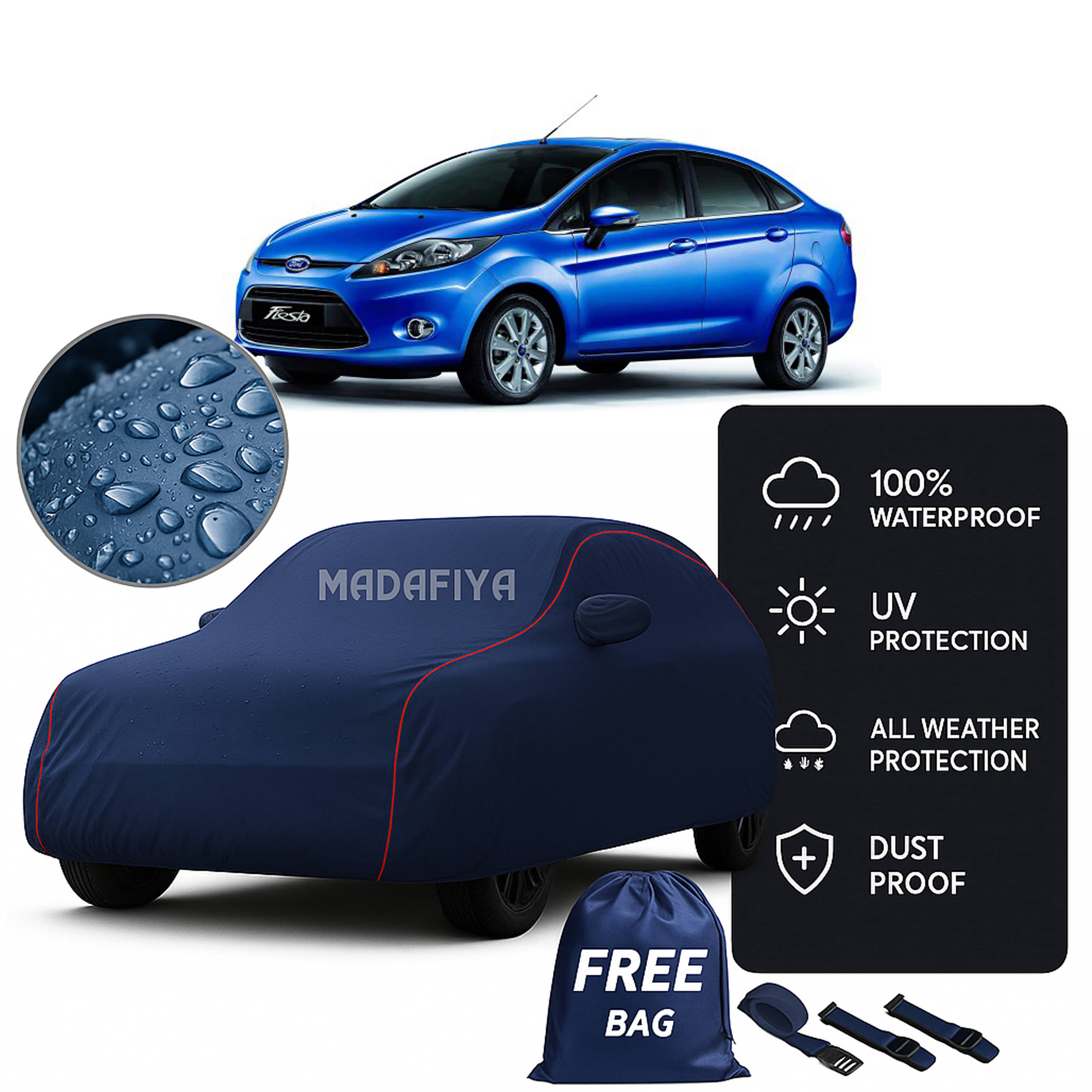     			Madafiya Car Cover Compatible With Ford Fiesta Classic Waterproof & Uv-Resistant All-Season Protection (Blue, Pack of 1)