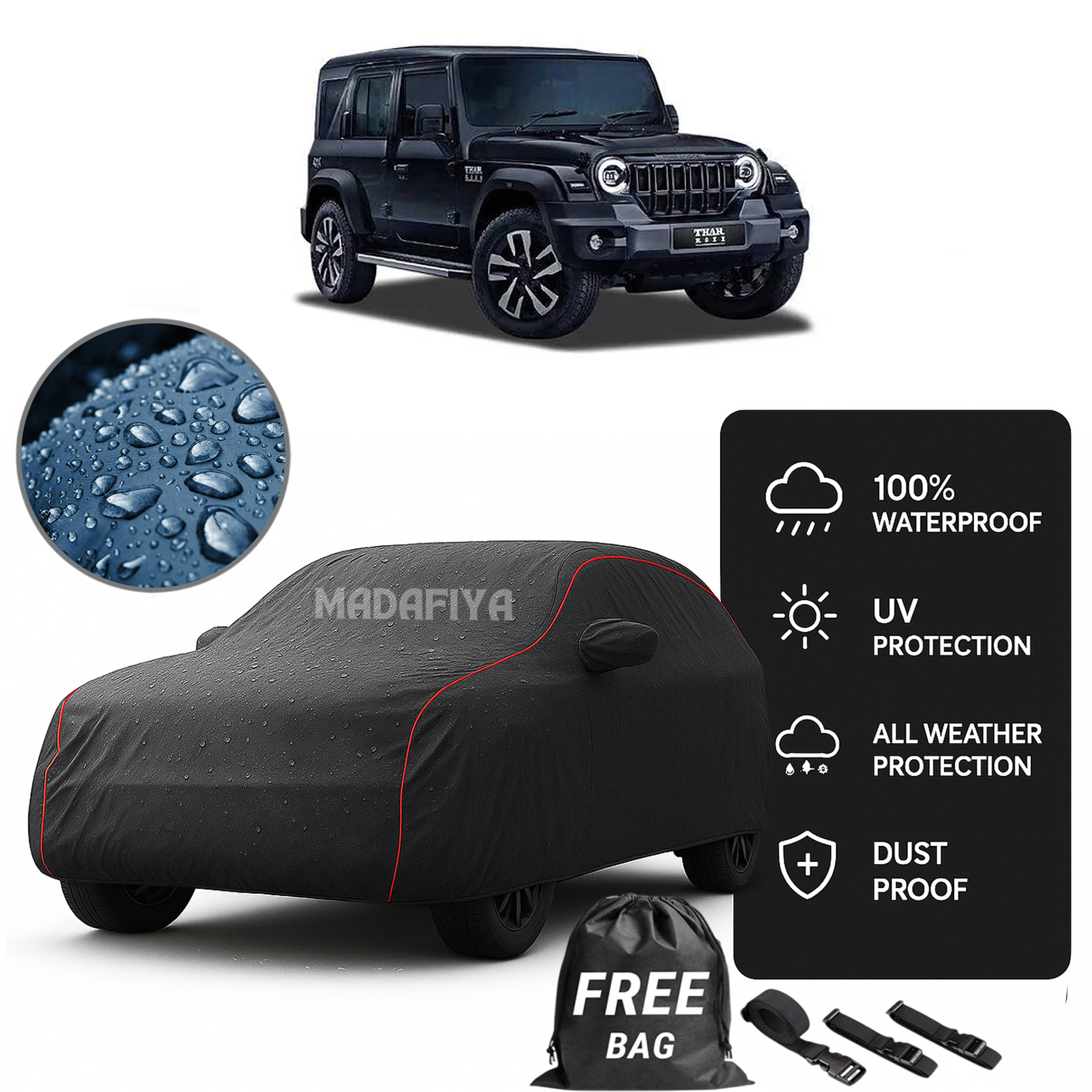     			Madafiya Car Cover Compatible With Mahindra Thar Waterproof & Uv-Resistant All-Season Protection (Grey, Pack of 1)