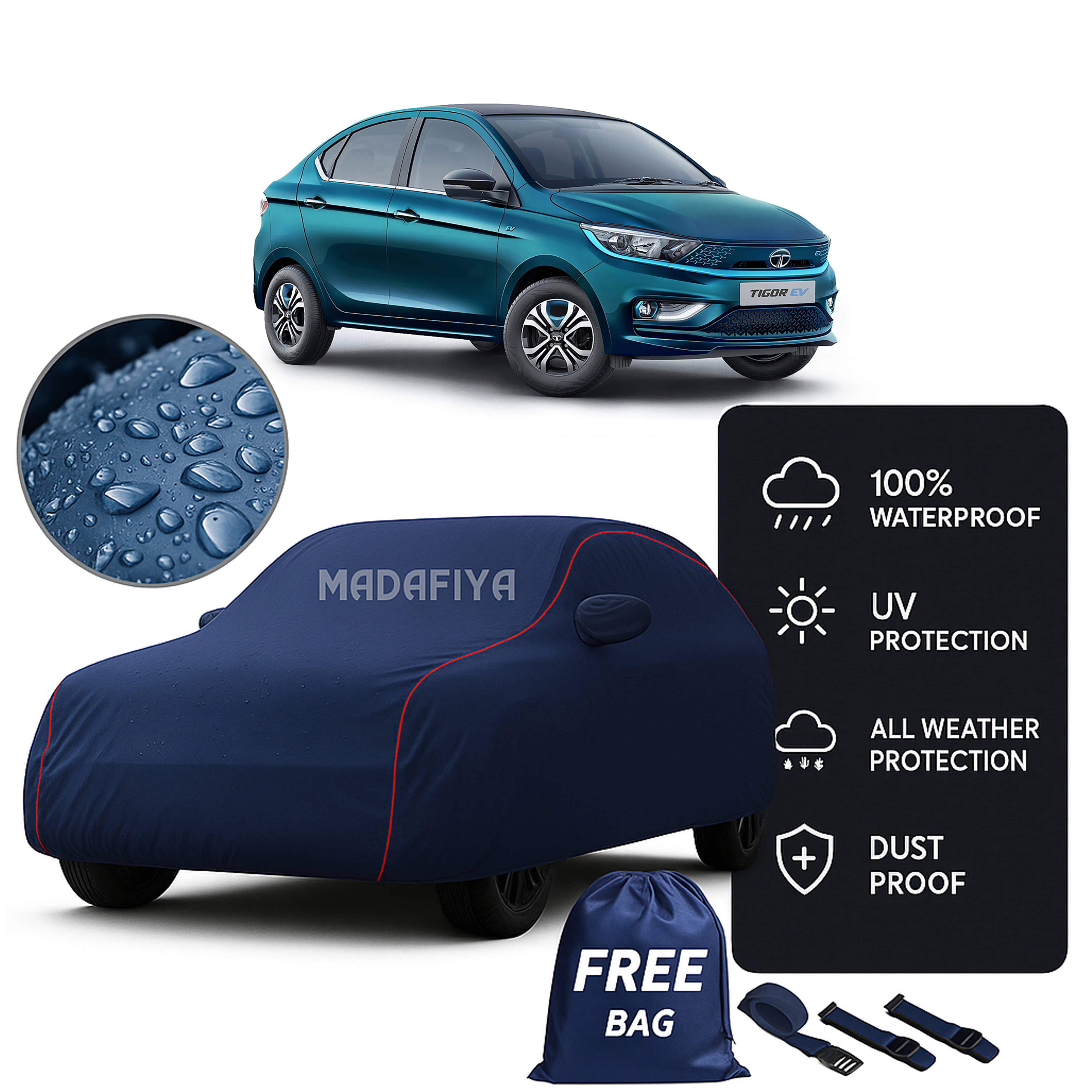     			Madafiya Car Cover Compatible With Tata Tigor Waterproof & Uv-Resistant All-Season Protection (Blue, Pack of 1)