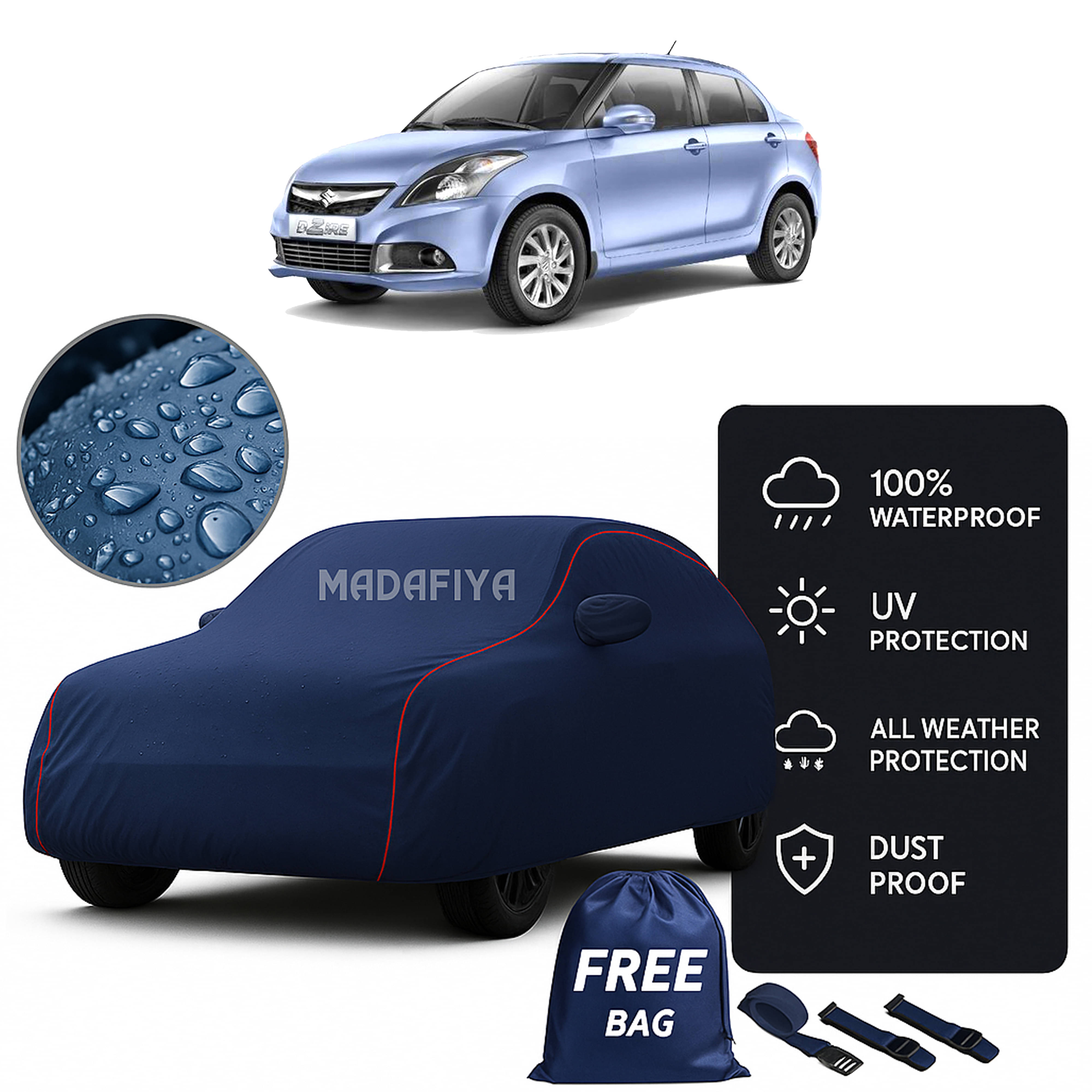     			Madafiya Car Cover Compatible With Maruti Dzire 2015 Waterproof & Uv-Resistant All-Season Protection (Blue, Pack of 1)