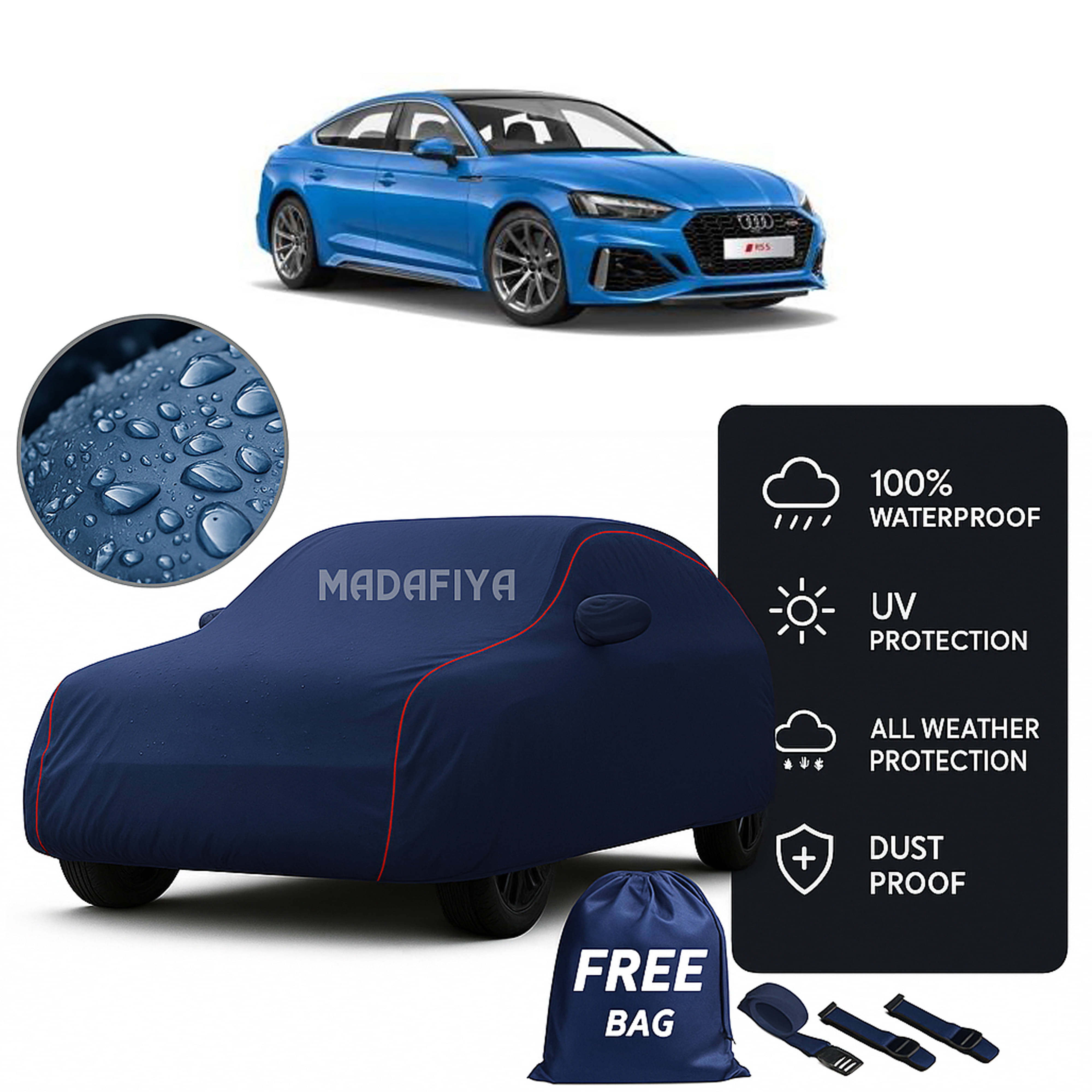     			Madafiya Car Cover Compatible With Audi-Rs5 Waterproof & Uv-Resistant All-Season Protection (Blue, Pack of 1)