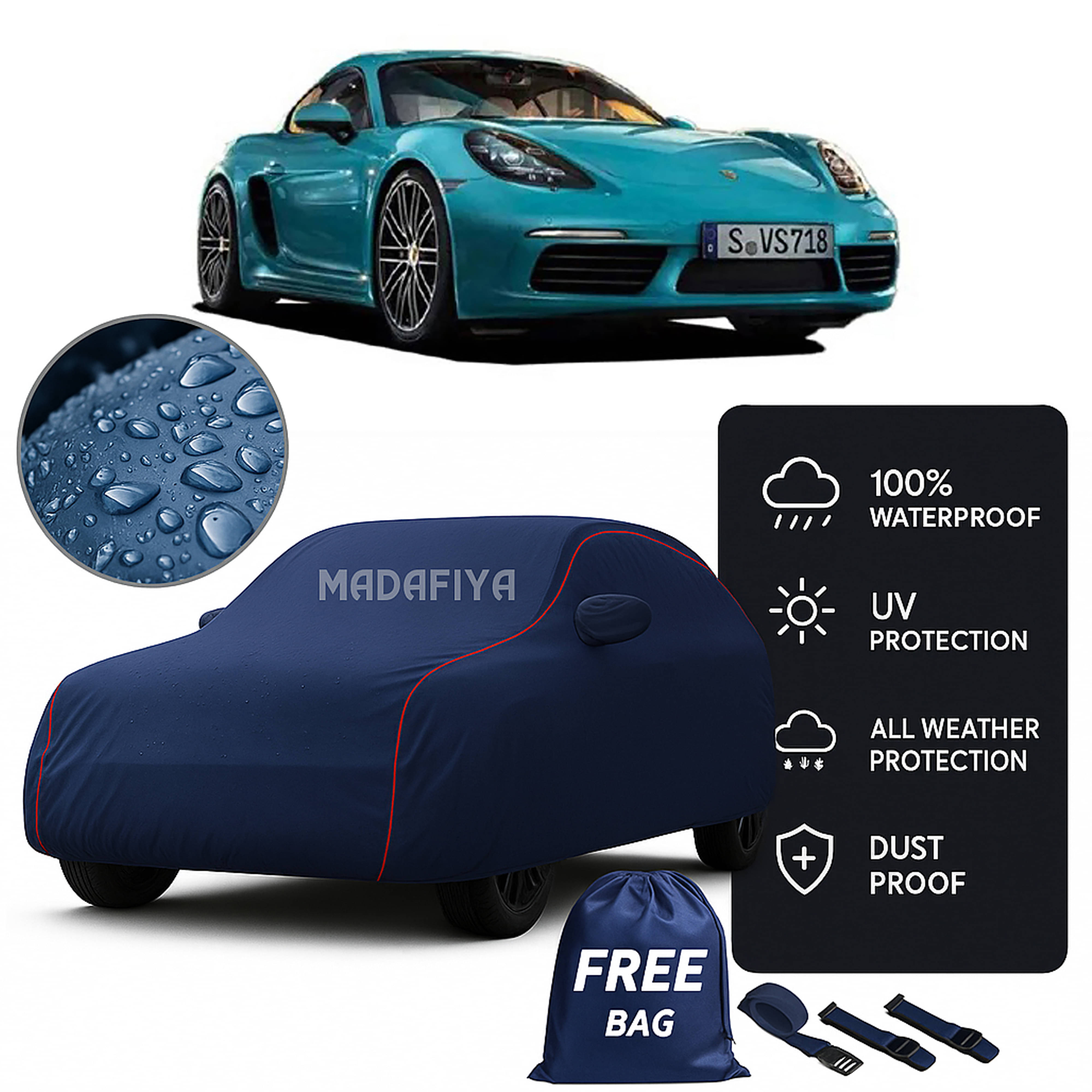     			MADAFIYA Car Body Cover for Porsche All Car Models With Mirror Pocket ( Pack of 1 ) , Blue