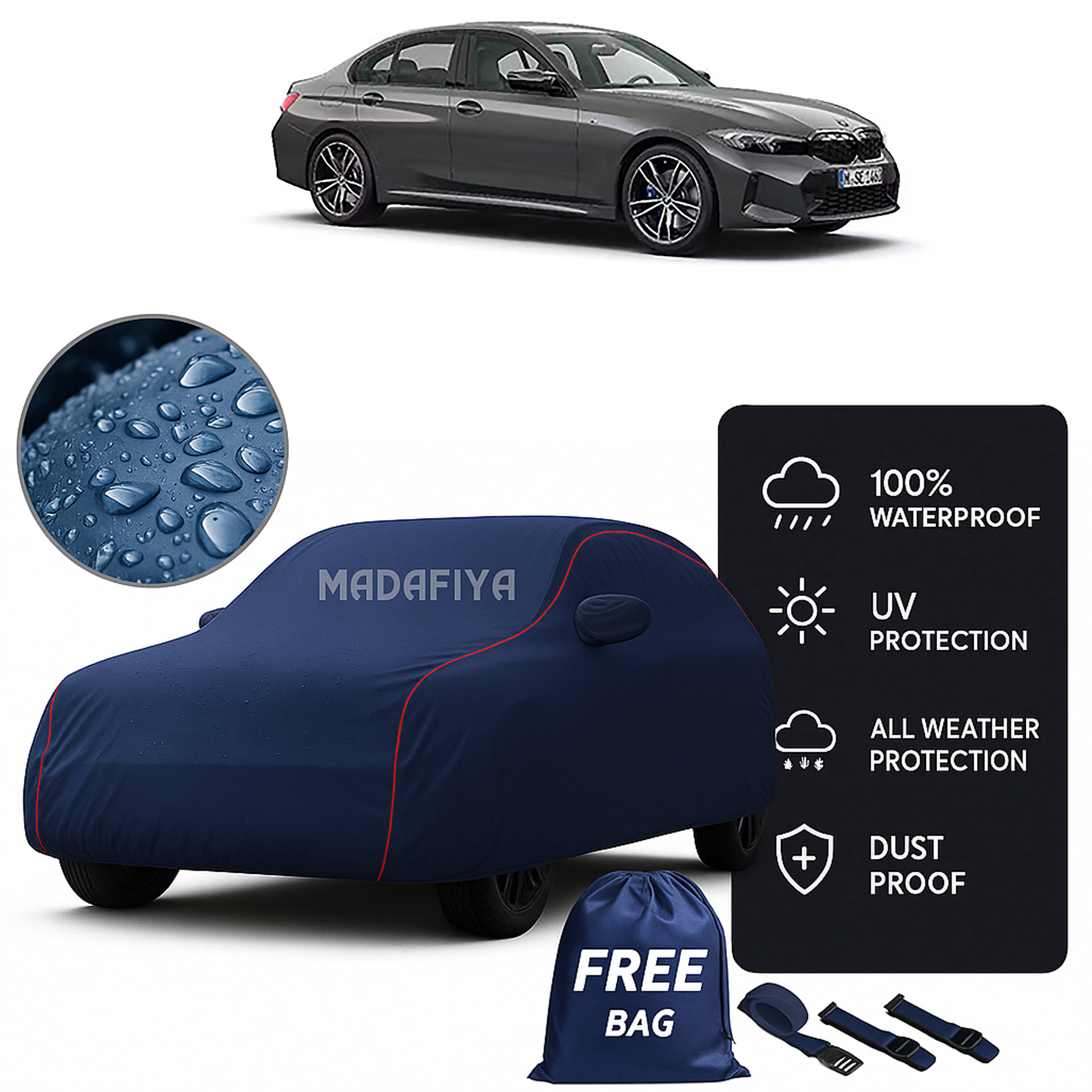     			Madafiya Car Cover Compatible With Bmw M340I Waterproof & Uv-Resistant All-Season Protection (Blue, Pack of 1)