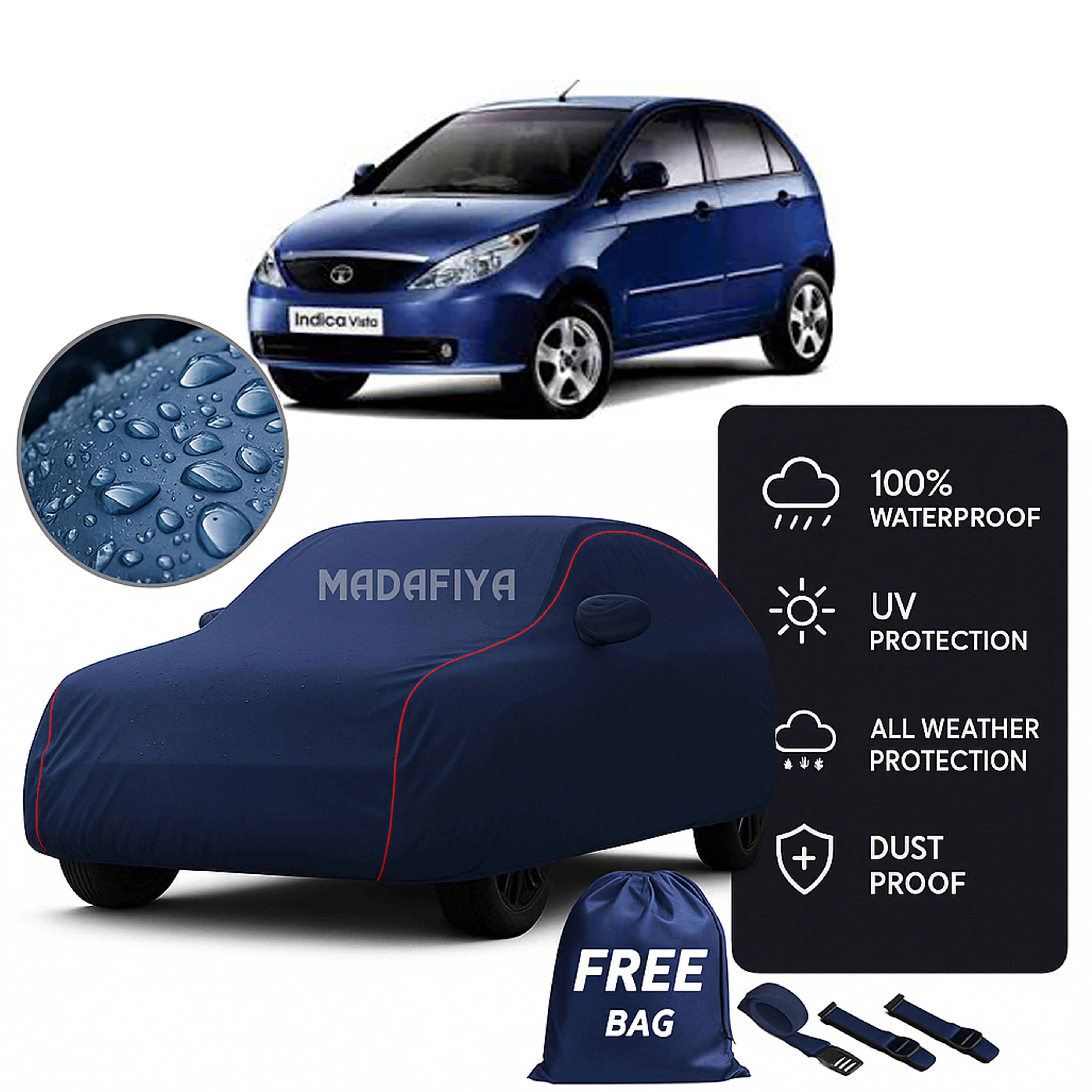     			MADAFIYA Car Body Cover for Tata All Car Models With Mirror Pocket ( Pack of 1 ) , Blue