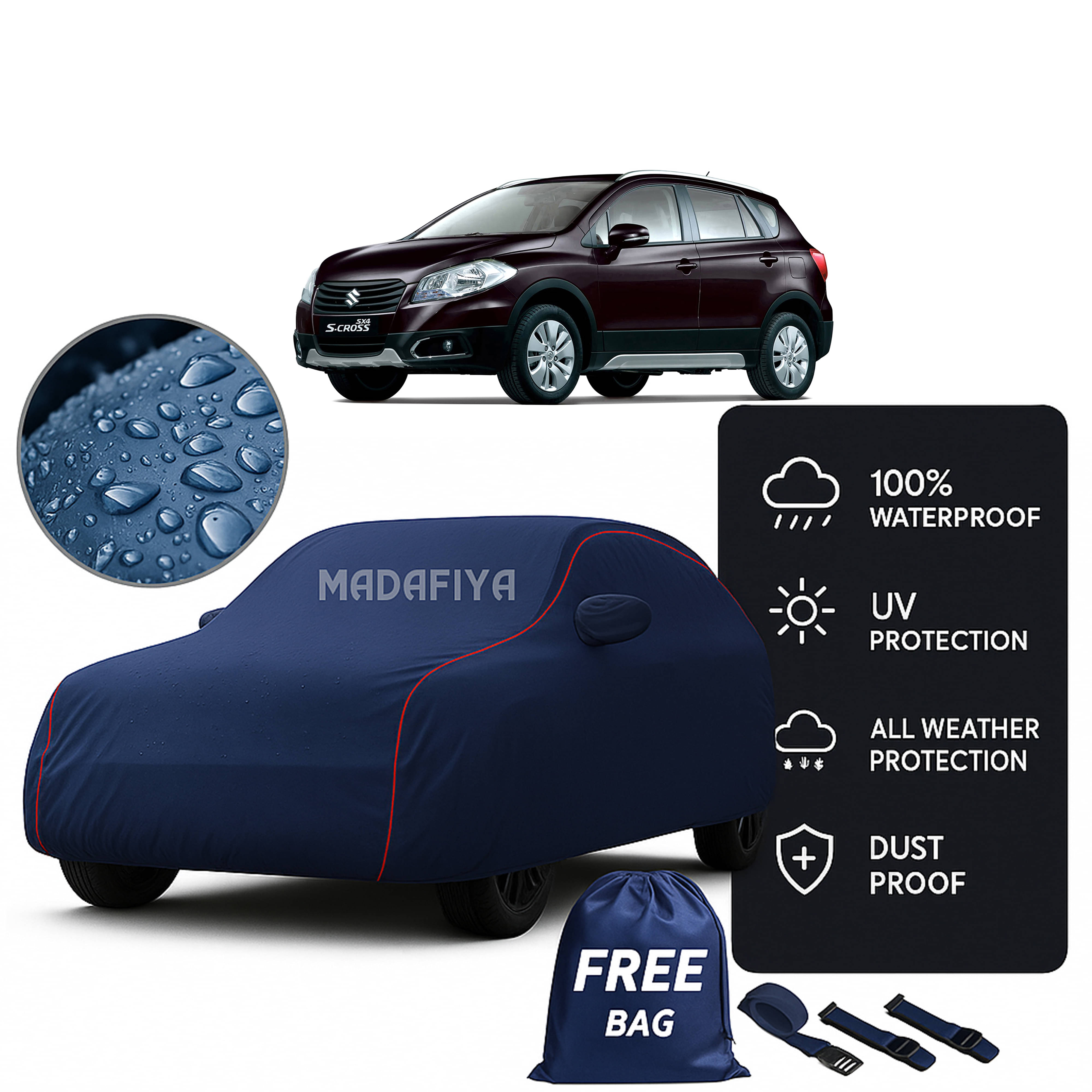     			Madafiya Car Cover Compatible With Maruti Suzuki S Cross Waterproof & Uv-Resistant All-Season Protection (Blue, Pack of 1)