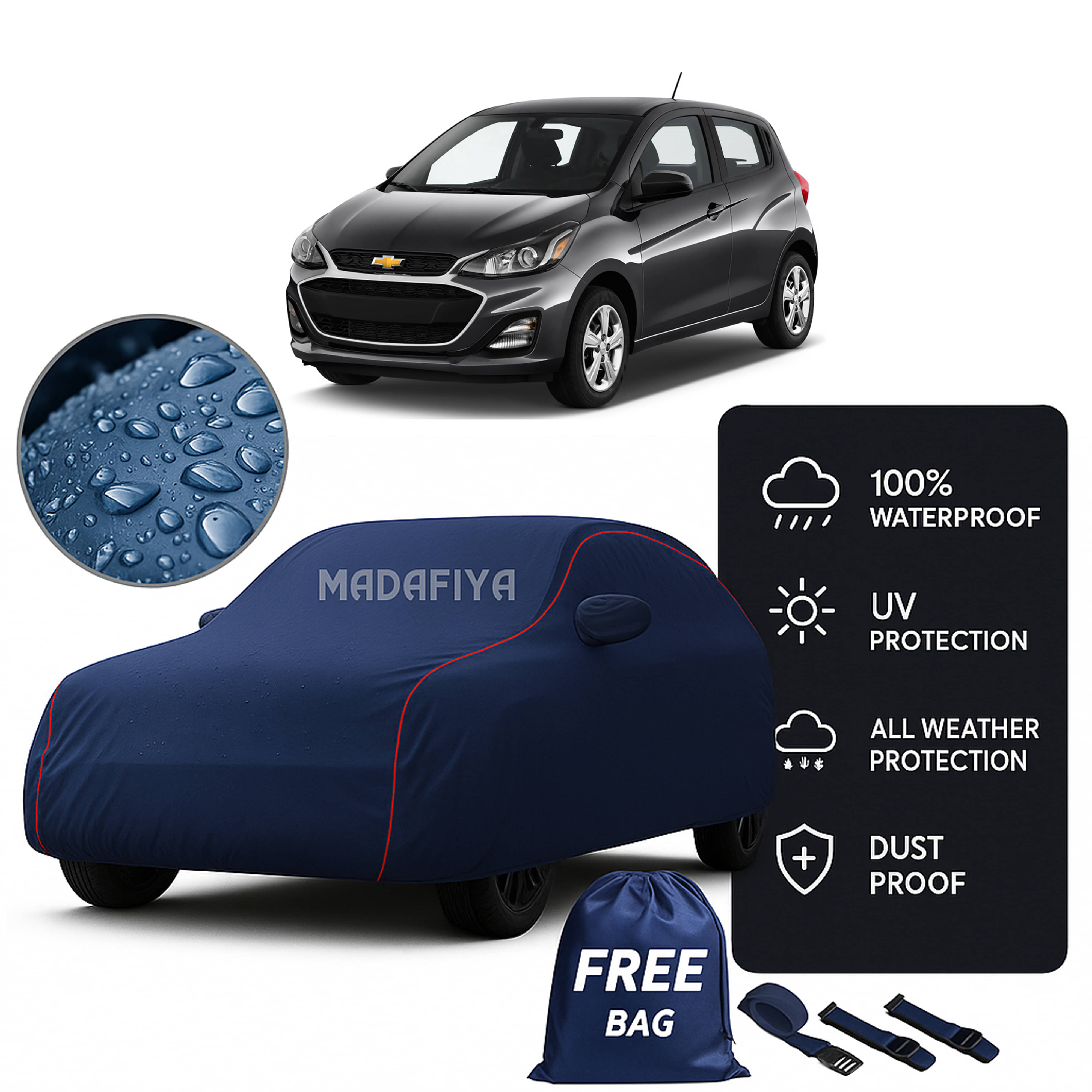     			Madafiya Car Cover Compatible With Chevrolet Spark Waterproof & Uv-Resistant All-Season Protection (Blue, Pack of 1)