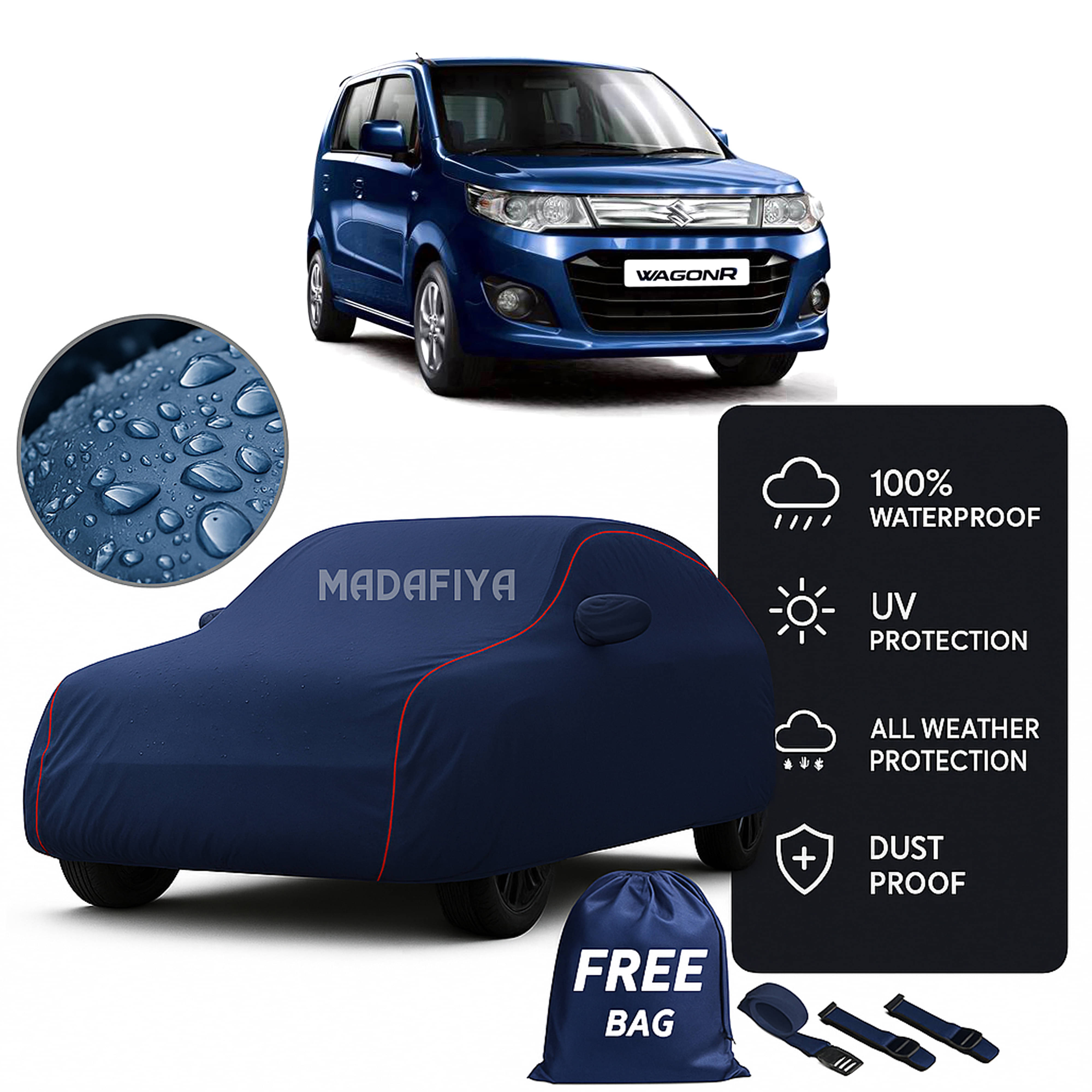     			Madafiya Car Cover Compatible With Maruti Wagon R 2017 Waterproof & Uv-Resistant All-Season Protection (Blue, Pack of 1)