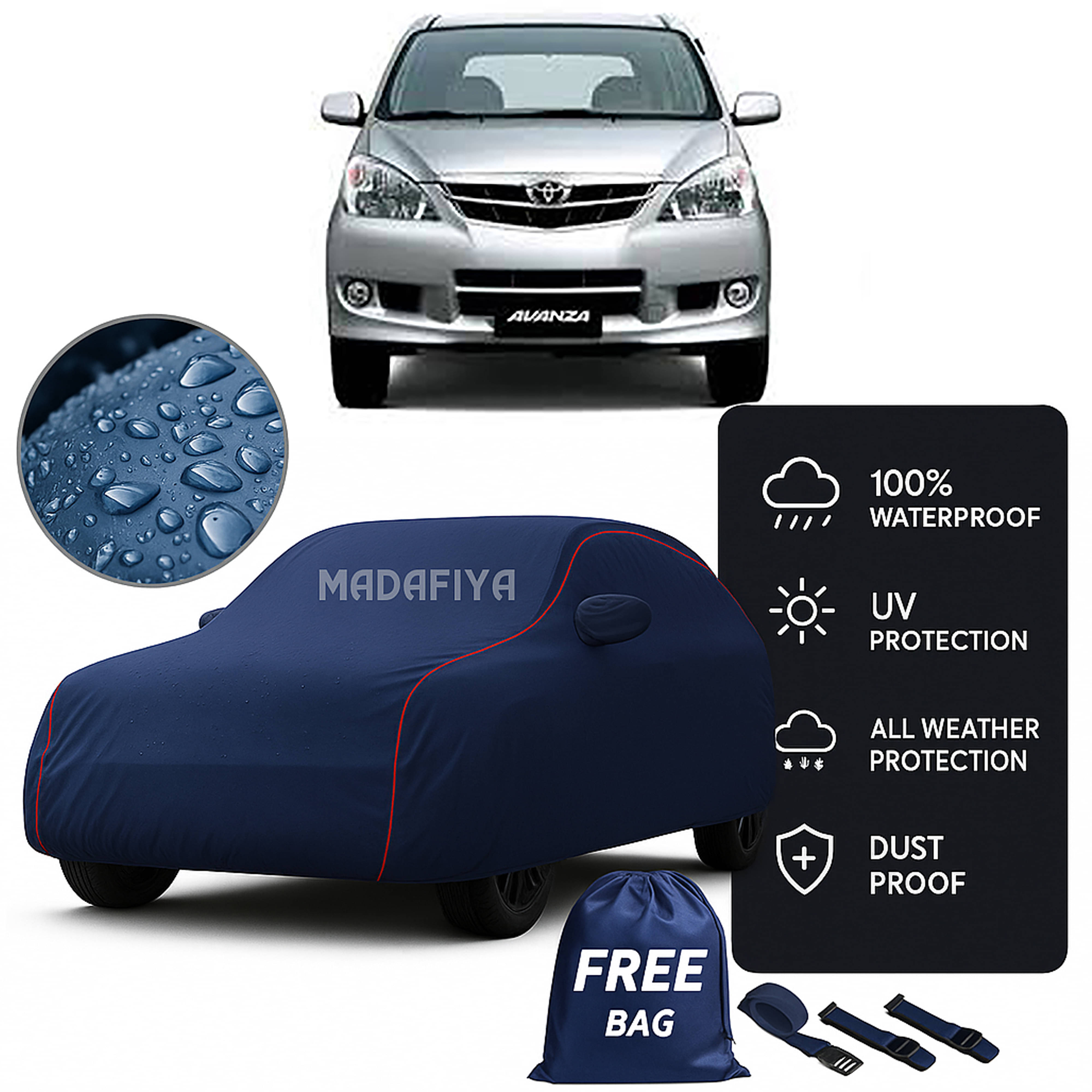     			MADAFIYA Car Body Cover for Toyota All Car Models With Mirror Pocket ( Pack of 1 ) , Blue